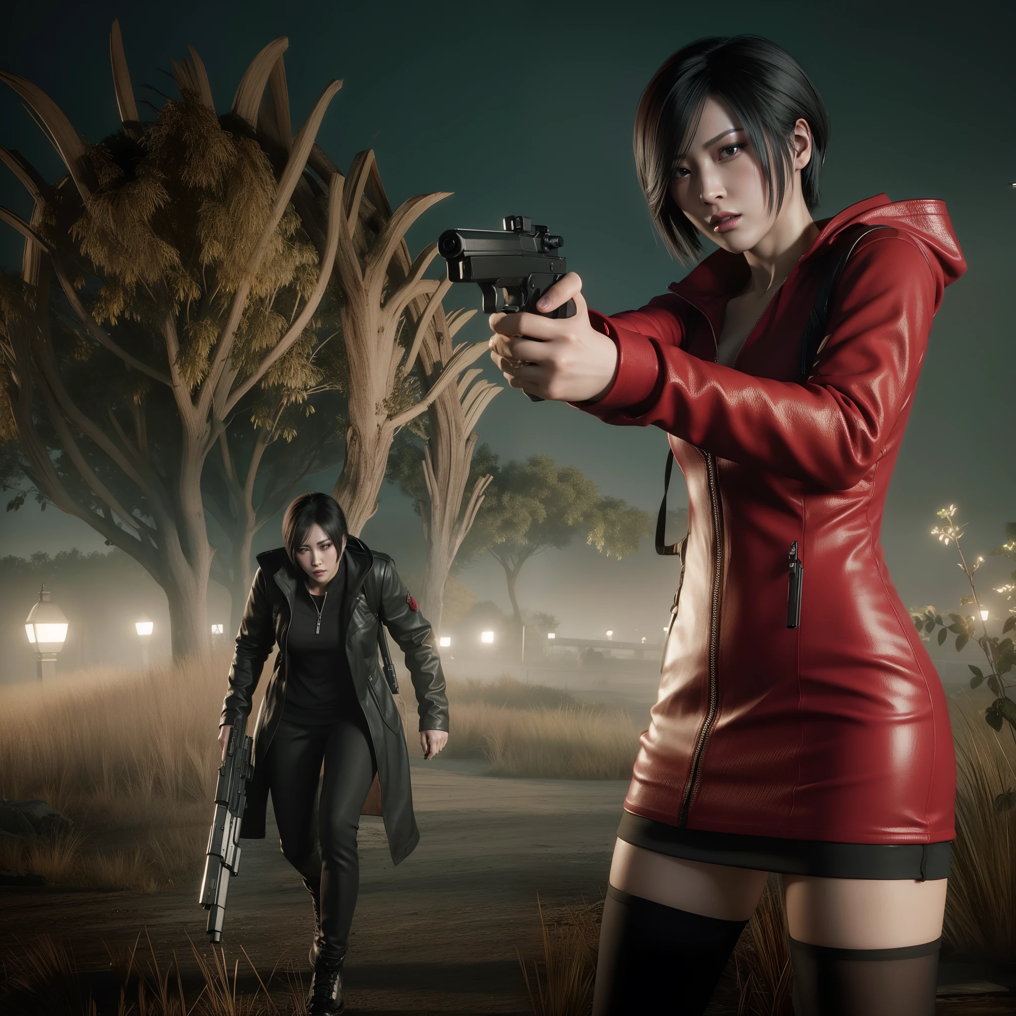 Ada wong, beautiful face, bob hair, perfect Face, wearing mini red rose dress hoody, black nail polish, glare expression, holding a gun