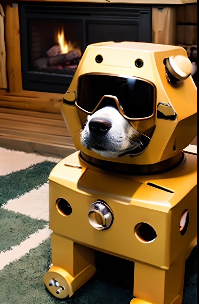 1000 years into the future Dog-shaped robot realisitic golden retriever Facing the front The robot is wearing sunglasses humor Robot is wearing fashionable men's clothes Inside a log cabin Robot is drinking coffee near future fireplace