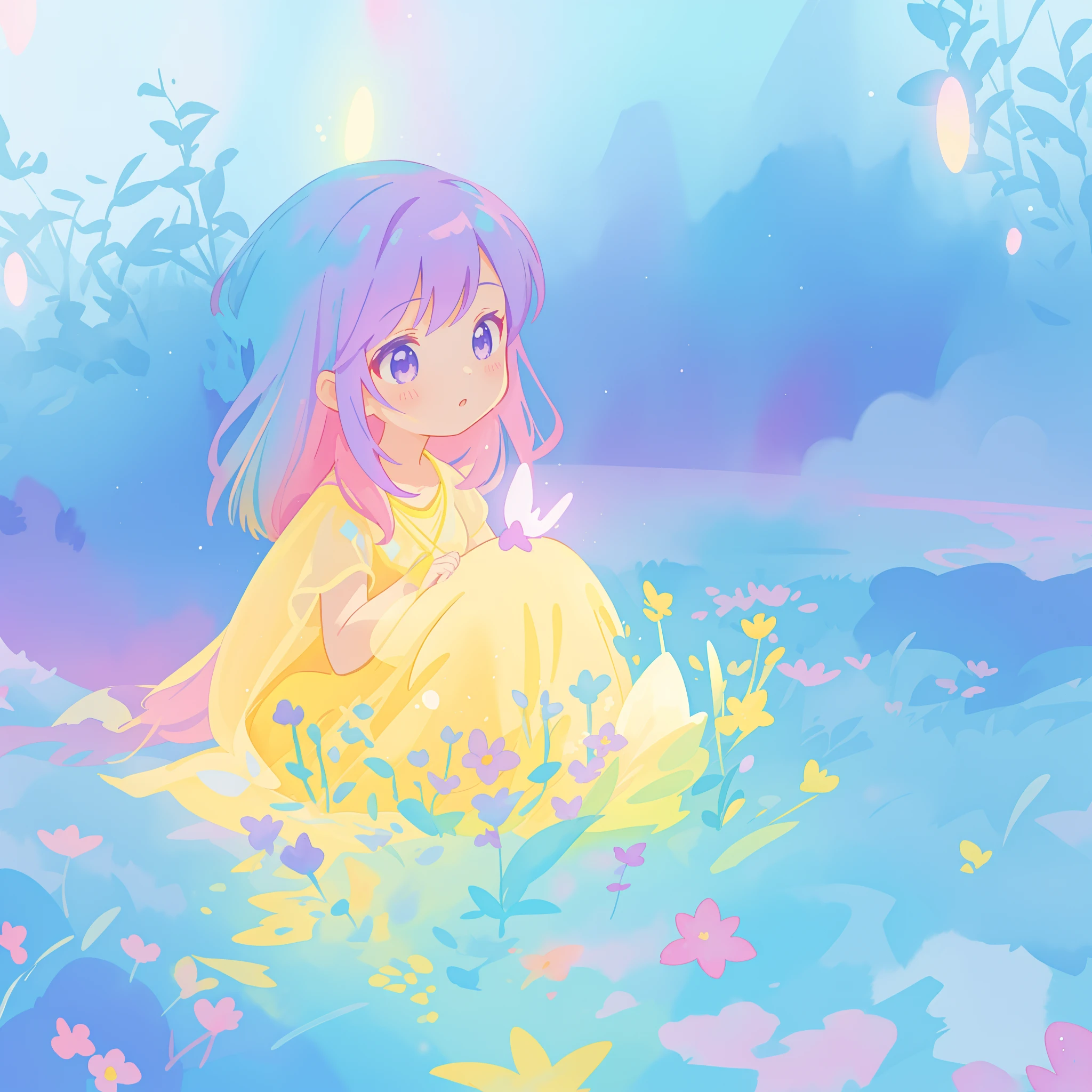 beautiful girl in yellow minut gradient flowing dress, long flowing blue purple pink hair, colorful fantasia background, watercolor illustration, disney art style, glowing aura around her, glowing lights, beautiful digital illustration, fantasia otherworldly landscape plants flowers, beautiful, masterpiece, best quality, anime disney style