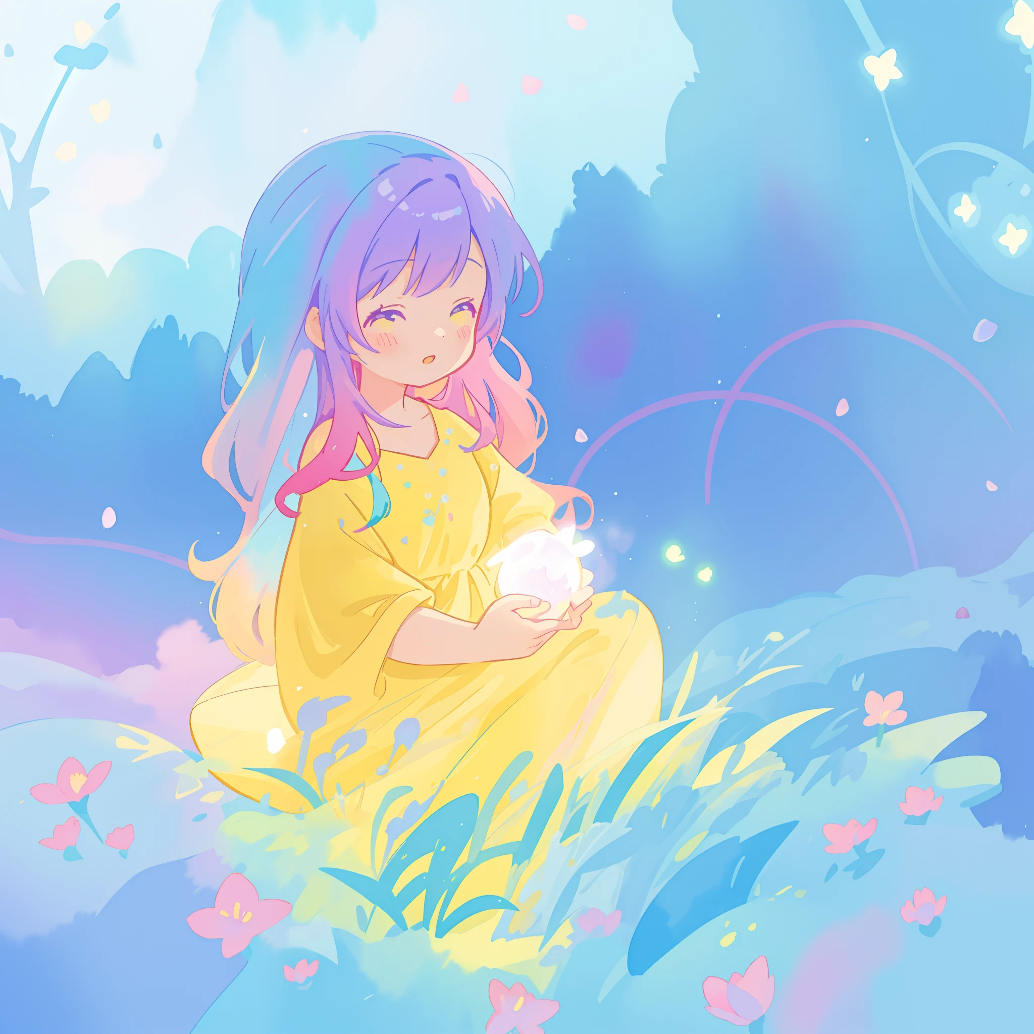 beautiful girl in yellow minut gradient flowing dress, long flowing blue purple pink hair, colorful fantasia background, watercolor illustration, disney art style, glowing aura around her, glowing lights, beautiful digital illustration, fantasia otherworldly landscape plants flowers, beautiful, masterpiece, best quality, anime disney style