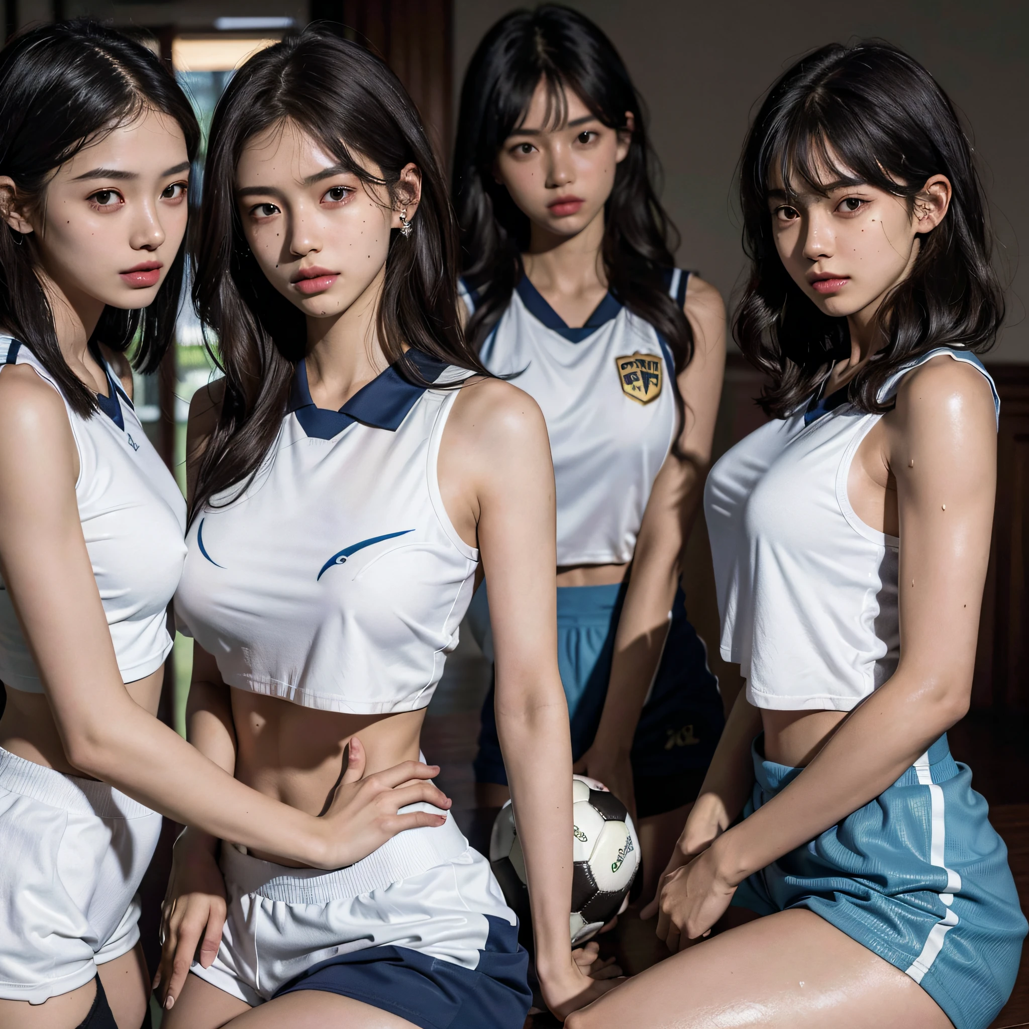 absurdres, RAW photo, extremely delicate and beautiful, masterpiece, Best Quality, ultra high resolution, 16k, hyperrealistic, ultra-detailed, perfect anatomy, super Detailed skin, perfect figure, Very detailed CG 8k wallpaper, in her 20s, very Slim body, narrow waist, very small head, very small face, double eyelids, delicate facial features, makeup, tearful mole, mole on chest, earring, thin legs, (very huge round breasts), (((((3 girls))))), ((full body shot)), bronze hair, short hair, wavy hair, ((sweat)), (((soccer uniform))), ((sleeveless)), midriff, shorts,