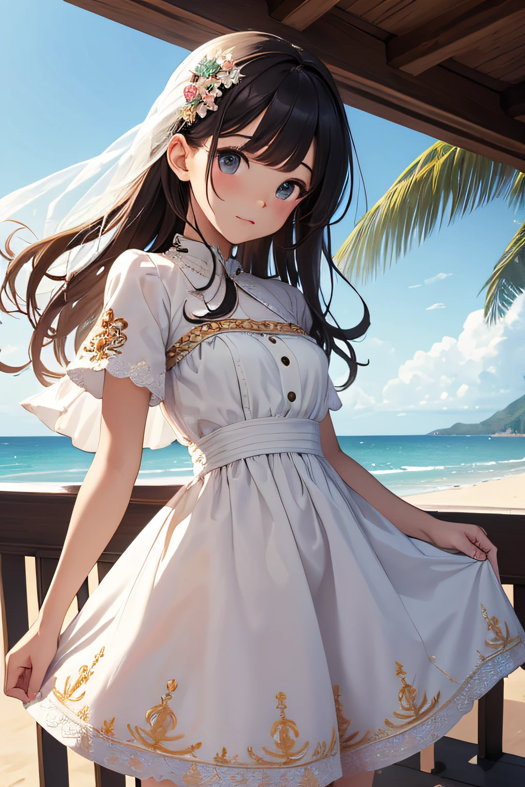 masterpiece、Background with((sea side、sand beach))、30-years old、a beauty girl、kawaii、Highly detailed embroidery on the dress、skirt by the、