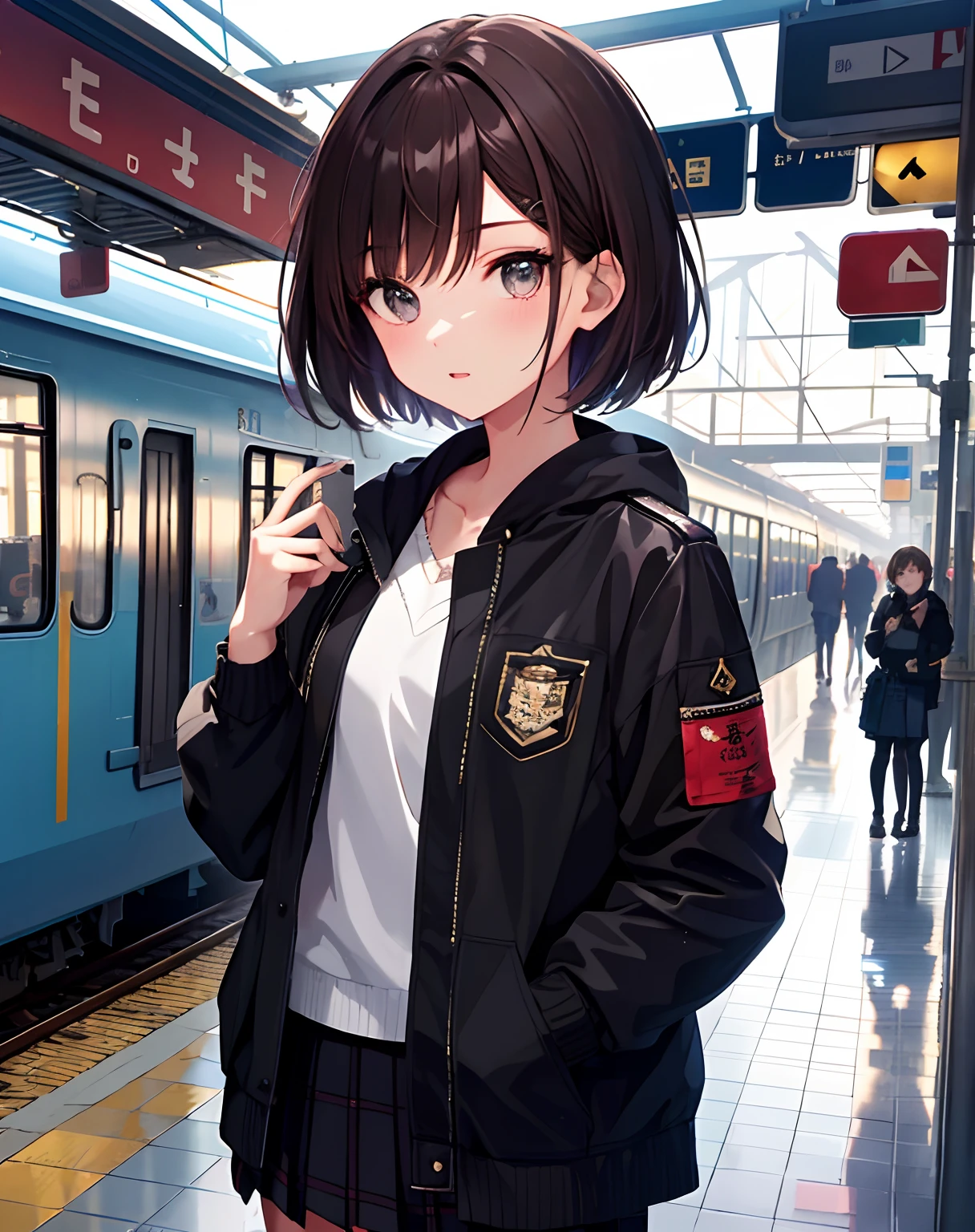 (tmasterpiece, Best Quality, 超A high resolution),1girll,short-haired, brunette color hair, jaket, midium skirt, hands in the pocket , Beautiful and detailed face, A detailed eye,At the train station,Hyper Detail Eyes