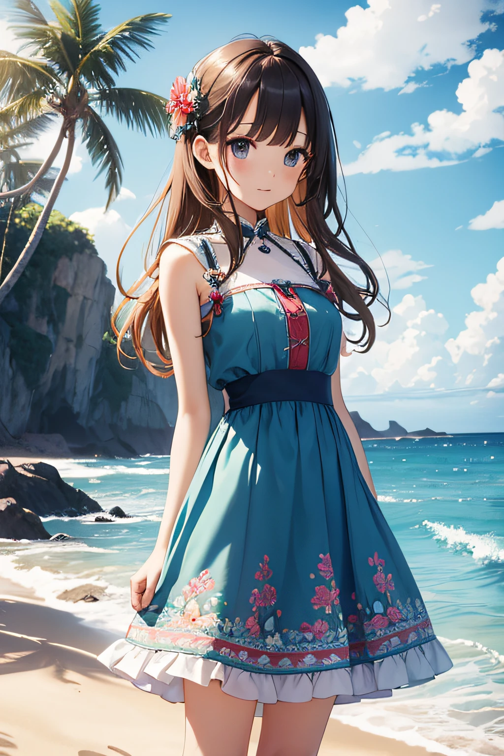 masterpiece、Background with((sea side、sand beach))、30-years old、a beauty girl、kawaii、Highly detailed embroidery on the dress、skirt by the、