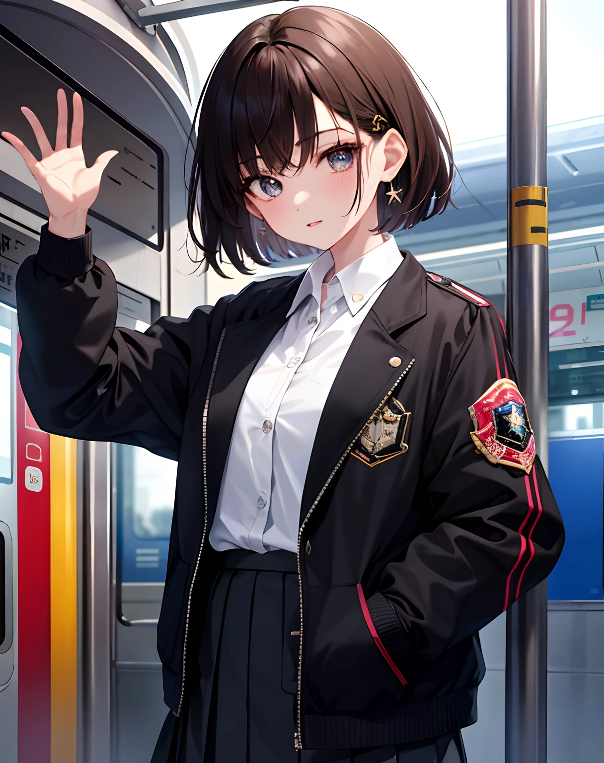 (tmasterpiece, Best Quality, 超A high resolution),1girll,short-haired, brunette color hair, jaket, midium skirt, hands in the pocket , Beautiful and detailed face, A detailed eye,At the train station,Hyper Detail Eyes