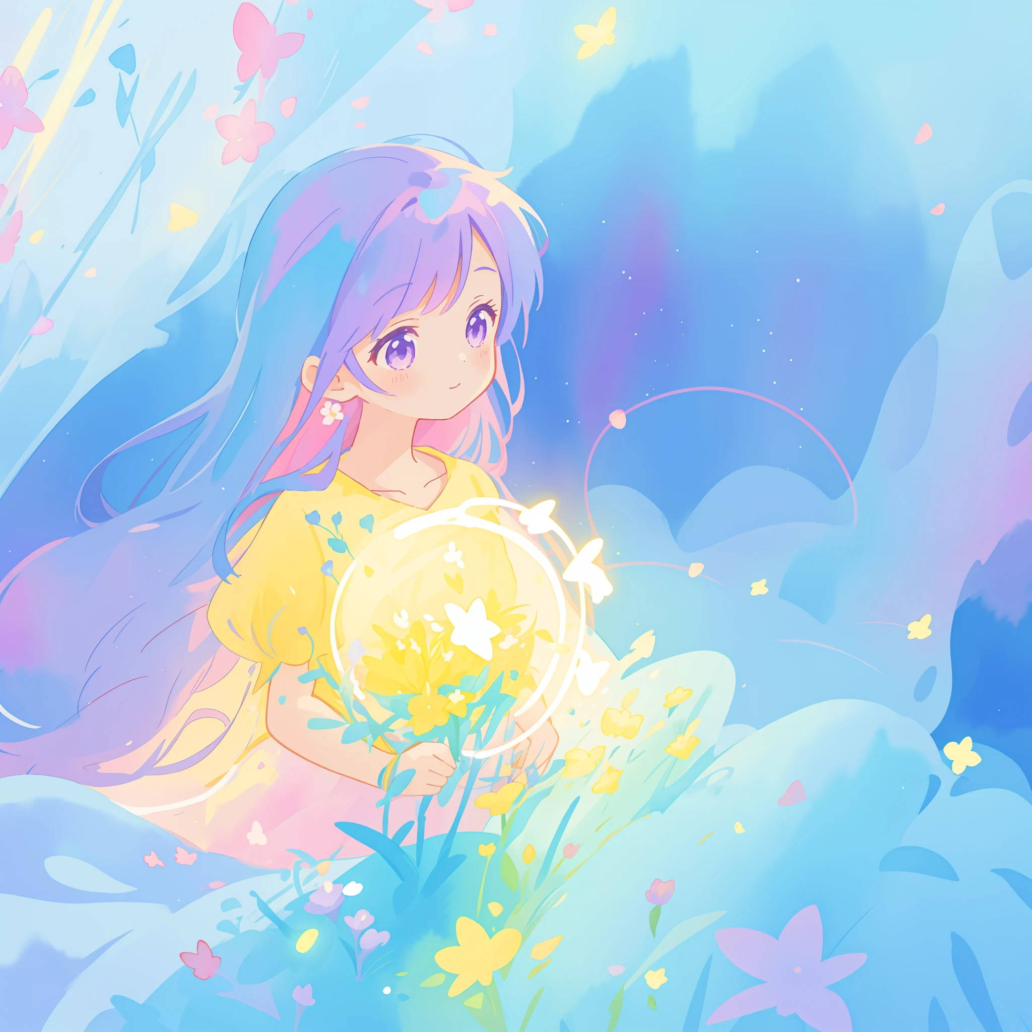 beautiful girl in yellow minut gradient flowing dress, long flowing blue purple pink hair, colorful fantasia background, watercolor illustration, disney art style, glowing aura around her, glowing lights, beautiful digital illustration, fantasia otherworldly landscape plants flowers, beautiful, masterpiece, best quality, anime disney style