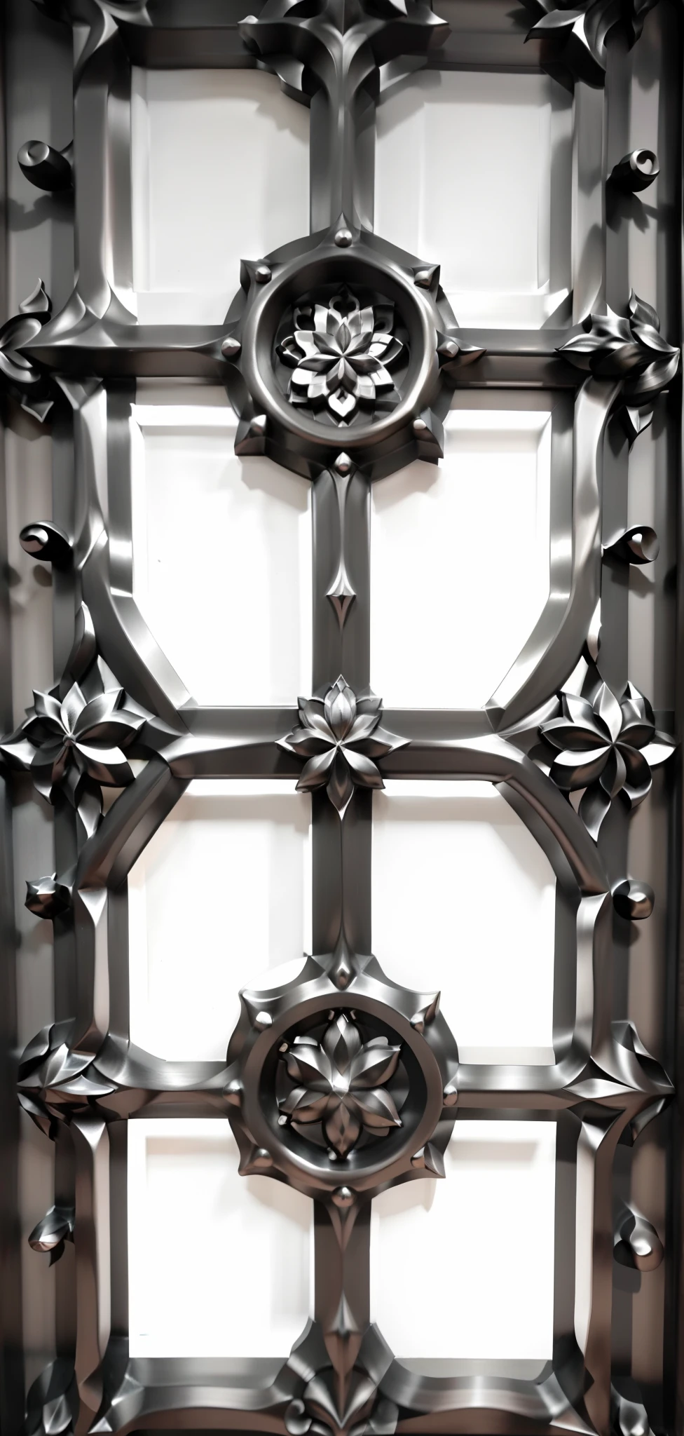 um close up de uma porta de metal com um design decorativo, symmetrical detail, iron arch gate door texture, symmetrical details, ornado, iron gate door texture, material de ferro fundido, decorative panels, Detalhe ultra ornamentado, symmetrical design, com bordas ornamentais, hiper ornamentado, detalhes meticulosos, design estilizado, Strongly Gothic ornamental, centrado no painel, colors black and white