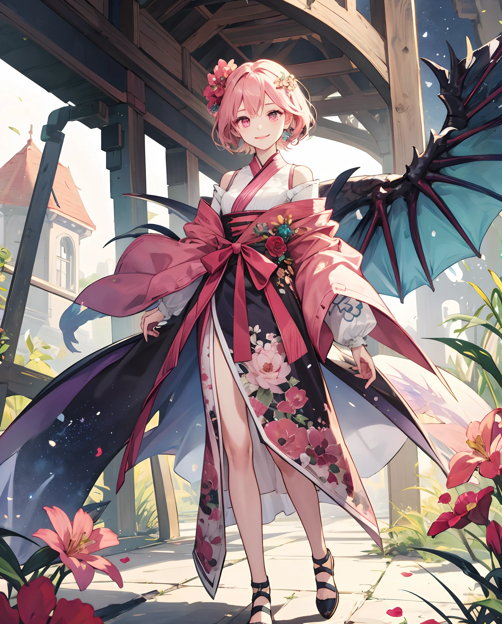 masterpiece、top-quality、超A high resolution、2D Beautiful Girl、animesque、teens girl、Peachy Hair、short-haired、Appearance like a flower dragon、Beautiful pink eyes、The clothes are also depicted in detail、Eyes are depicted in detail、The face is depicted in detail、sorcerer、soio、Full body front、Gentle smile、hair adornments、animesque、illustratio
