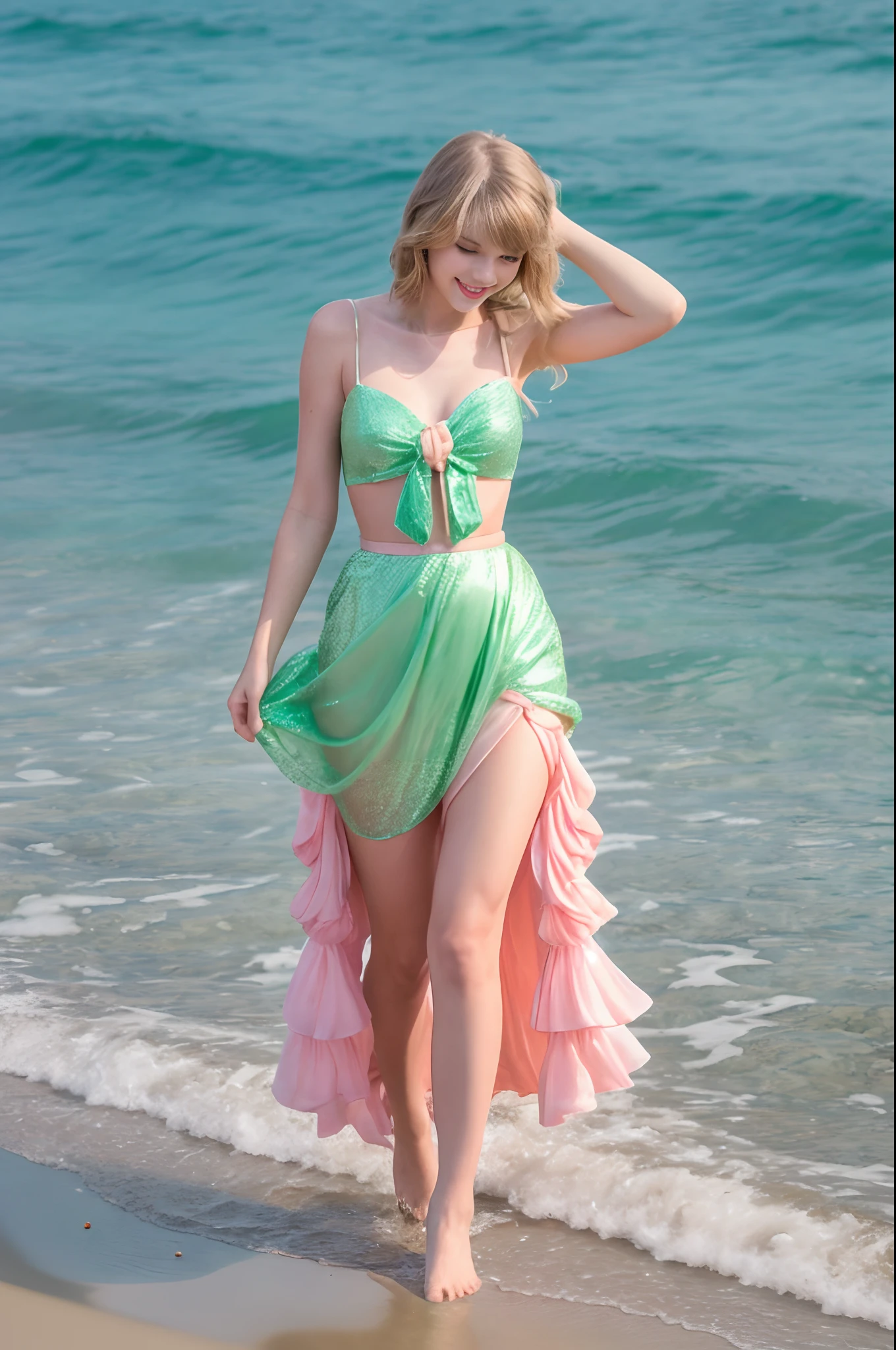 Taylor Swift Full Body Image,She is a princess with golden blonde hair, In a pink dress,fullbody image, On the crystal clear emerald green seaside,fullbody image.Smile and turn to me， Full body, The strongest image,