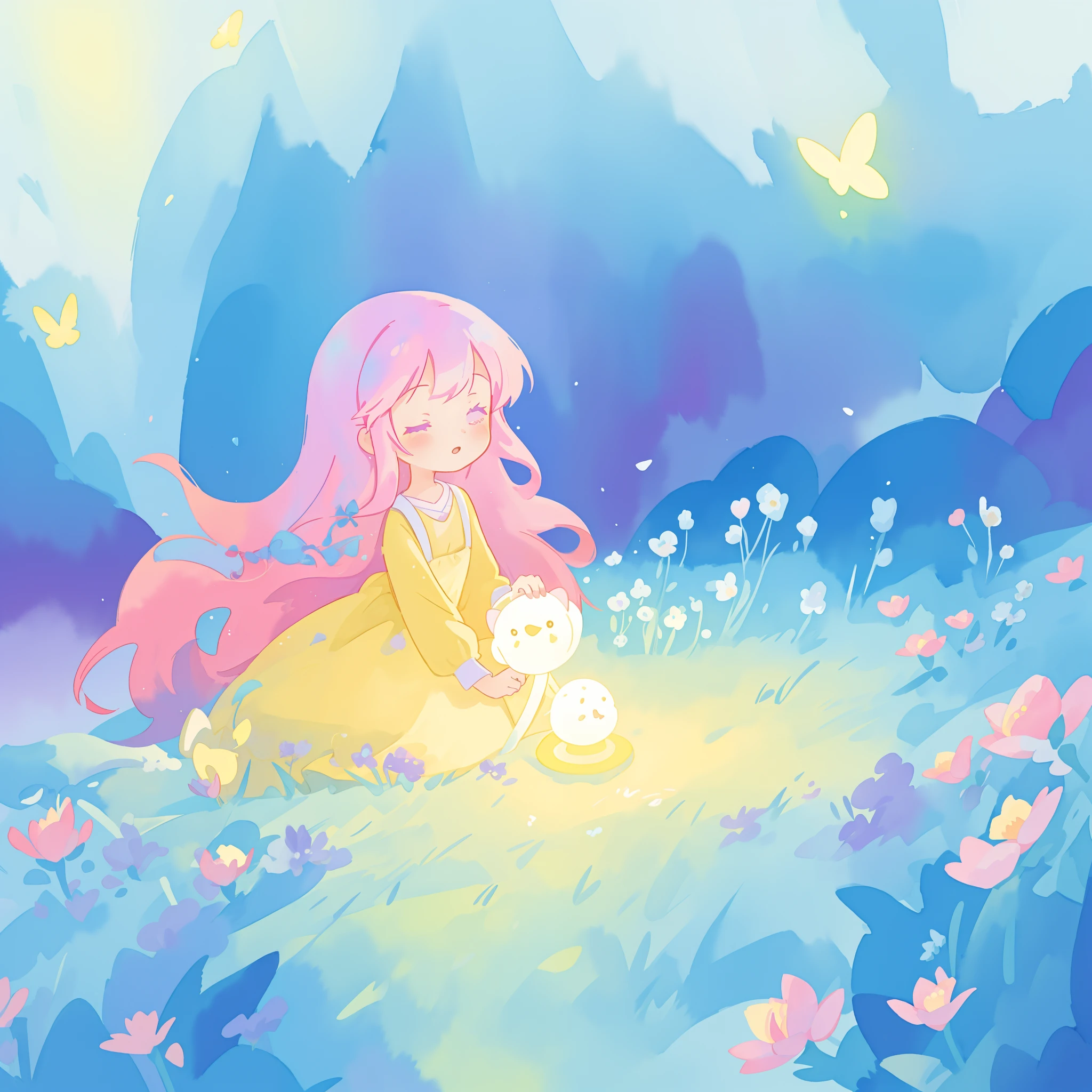 beautiful girl in yellow minut gradient flowing dress, long flowing blue purple pink hair, colorful fantasia background, watercolor illustration, disney art style, glowing aura around her, glowing lights, beautiful digital illustration, fantasia otherworldly landscape plants flowers, beautiful, masterpiece, best quality, anime disney style