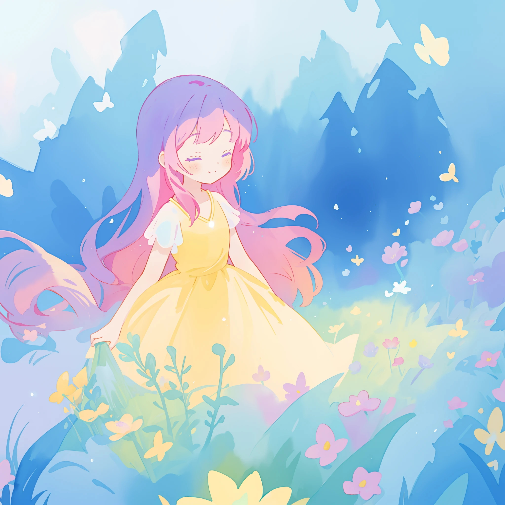 beautiful girl in yellow minut gradient flowing dress, long flowing blue purple pink hair, colorful fantasia background, watercolor illustration, disney art style, glowing aura around her, glowing lights, beautiful digital illustration, fantasia otherworldly landscape plants flowers, beautiful, masterpiece, best quality, anime disney style