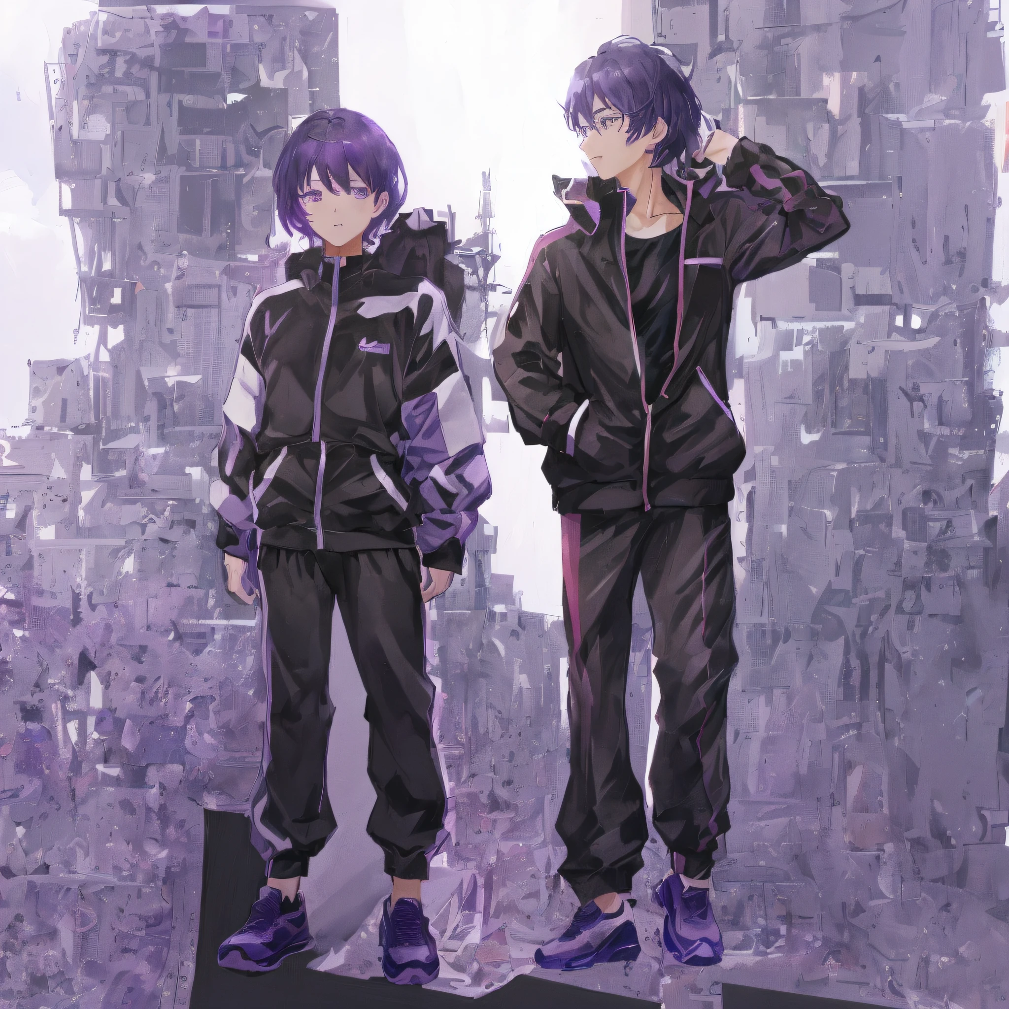 The anime characters wear gray and purple-black costumes and black shoes, anime full body illustration, wearing track and field suit, Wearing track suit, anime set style, anime style character, anime vtuber full body model, Anime figure, Anime character design, Kantai collection style, Anime style, Wearing track suit, clothing design, realistic dress, Style anime，Handsome guy with short hair，The face is delicate，4k画质