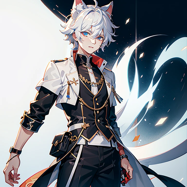 eyes with brightness, Character focus,Full body like,独奏,solo person,standing on your feet,Correct human anatomy。male people,Furry male wolf,eyes blue,White-colored skin, White hair,White animal ears,leisure wear,年轻, There is a wolf tail,Abs,k hd,8K,1440*2048