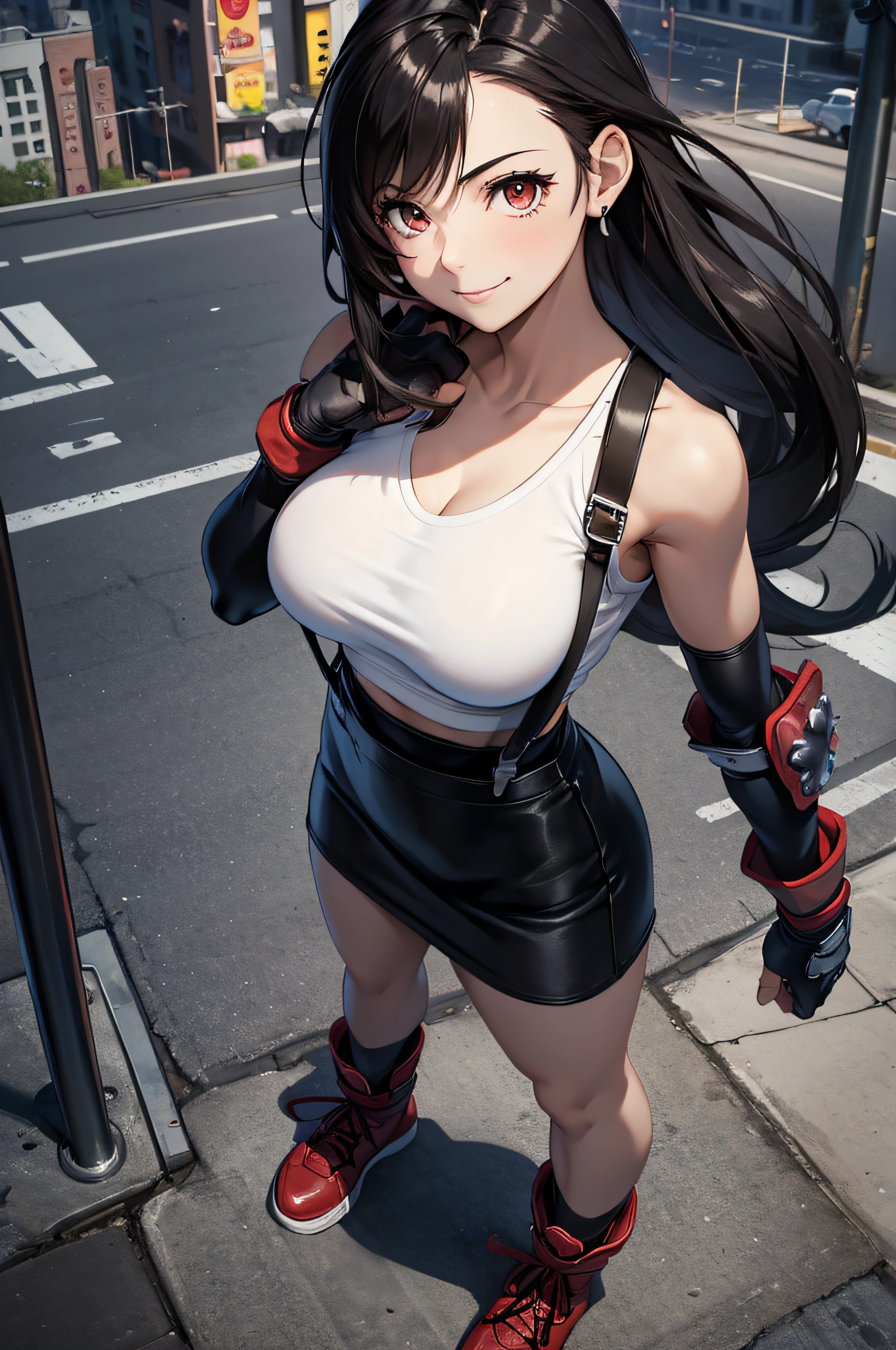 (masterpiece), best quality, expressive eyes, perfect face, 1 girl, solo, defTifa, white crop top, elbow pad, fingerless gloves, suspenders, pencil skirt, black socks, red boots, city, metallic city, night, smiling, posing, standing, portrait, looking at the viewer, from above