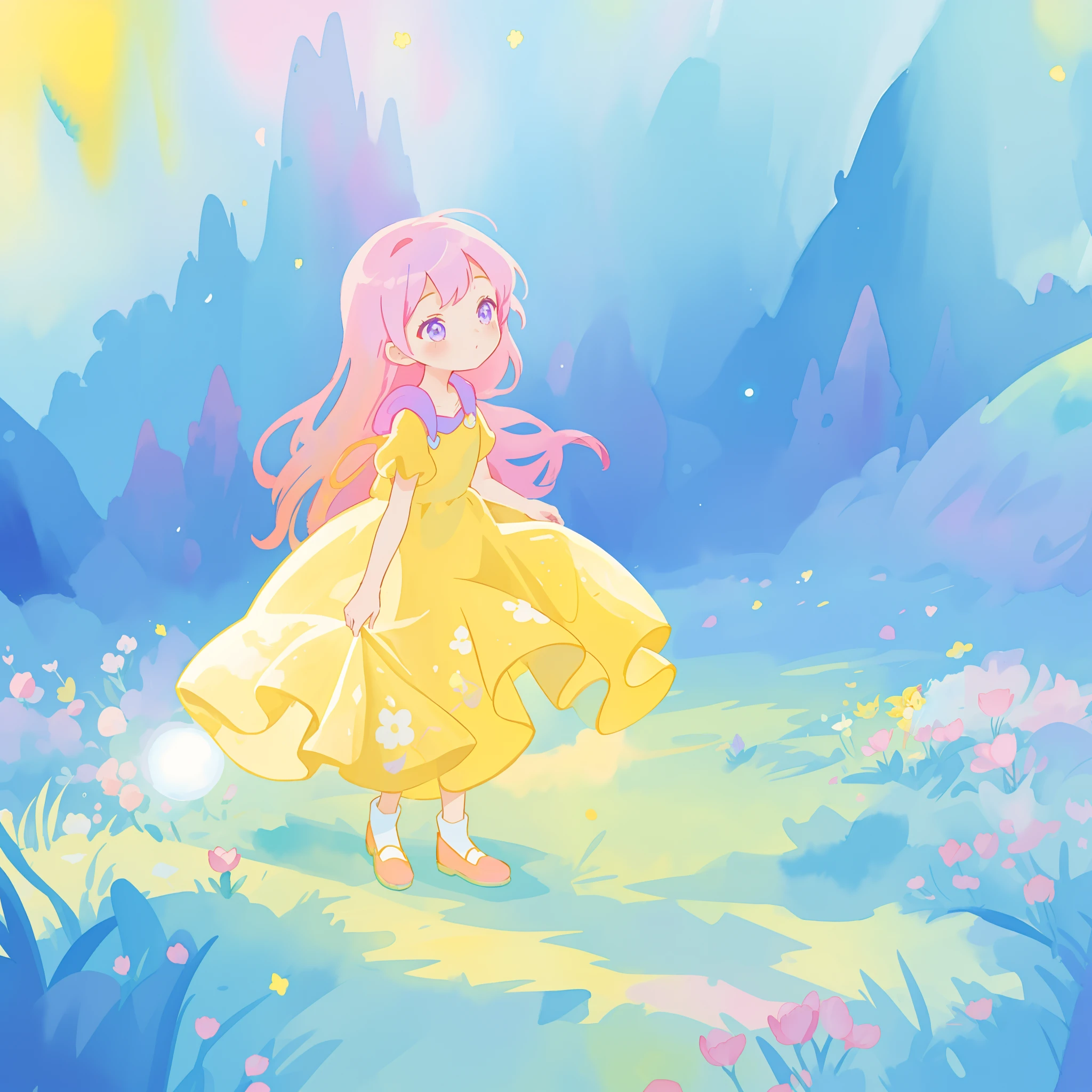 beautiful girl in yellow minut gradient flowing dress, long flowing blue purple pink hair, colorful fantasia background, watercolor illustration, disney art style, glowing aura around her, glowing lights, beautiful digital illustration, fantasia otherworldly landscape plants flowers, beautiful, masterpiece, best quality, anime disney style