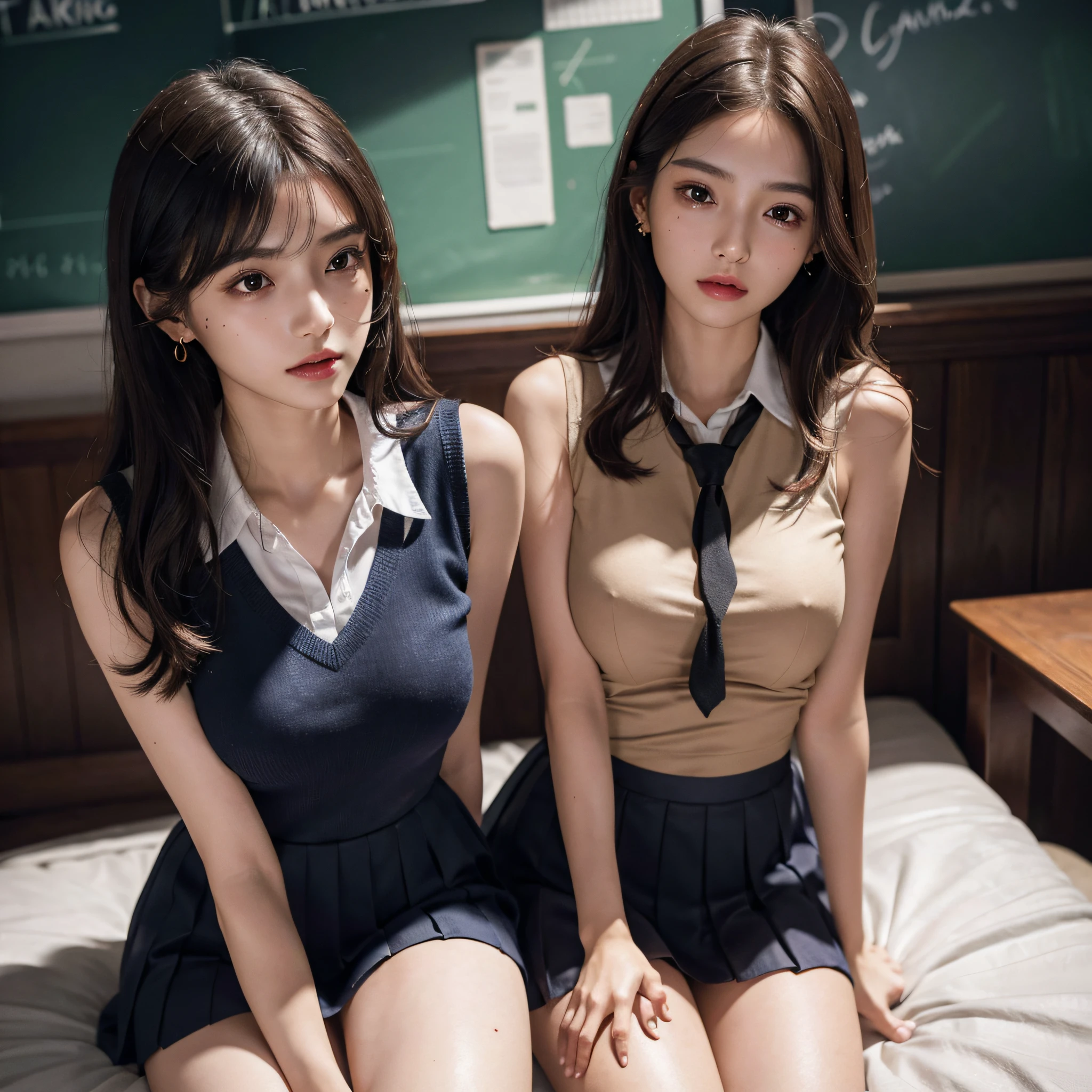 absurdres, RAW photo, extremely delicate and beautiful, masterpiece, Best Quality, ultra high resolution, 16k, hyperrealistic, ultra-detailed, (perfect anatomy), super Detailed skin, perfect figure, Very detailed CG 8k wallpaper, in her 20s, very Slim body, narrow waist, very small head, very small face, delicate facial features, makeup, tearful mole, mole on chest, earring, thin legs, (very huge round breasts), ((3 girls)), (full body shot), bronze hair, ((school uniform)), sleeveless,