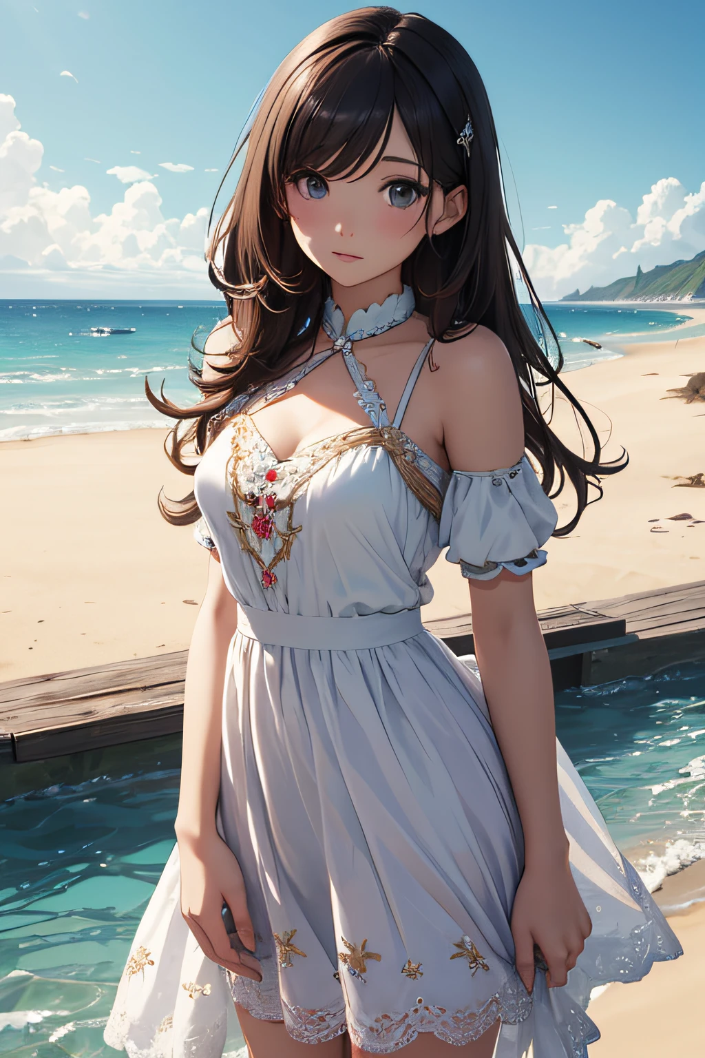 masterpiece、Background with((sea side、sand beach))、30-years old、a beauty girl、glamor、Highly detailed embroidery on the dress、skirt by the、