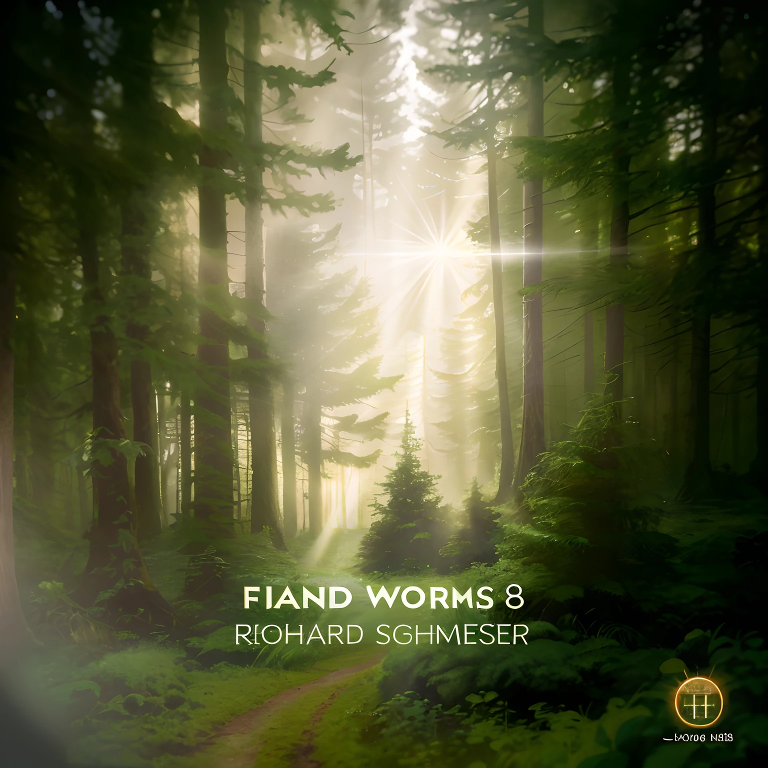 The image of Arafi in the forest,There is a small road,with a sunbeam coming through the trees, Inspired by Hans Werner Schmidt, worms intricated, album covers, f / 8, f/8, album covers, author:Hans Werner Schmidt, cd cover artwork, Album art, hildebrandt, promo art, album covers, Official artwork, Worms, worms, the wall, marshes