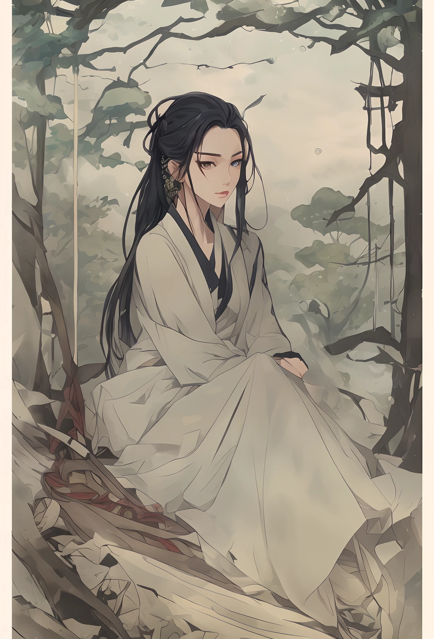 Anime character sitting on a tree branch in the forest, flowing hair and long robes, handsome guy in demon slayer art, artwork in the style of guweiz, demon slayer rui fanart, Full body Wuxia, by Yang J, palatial palace , a girl in hanfu, digital anime illustration, demon slayer artstyle, beautiful character painting, Anime Illustration