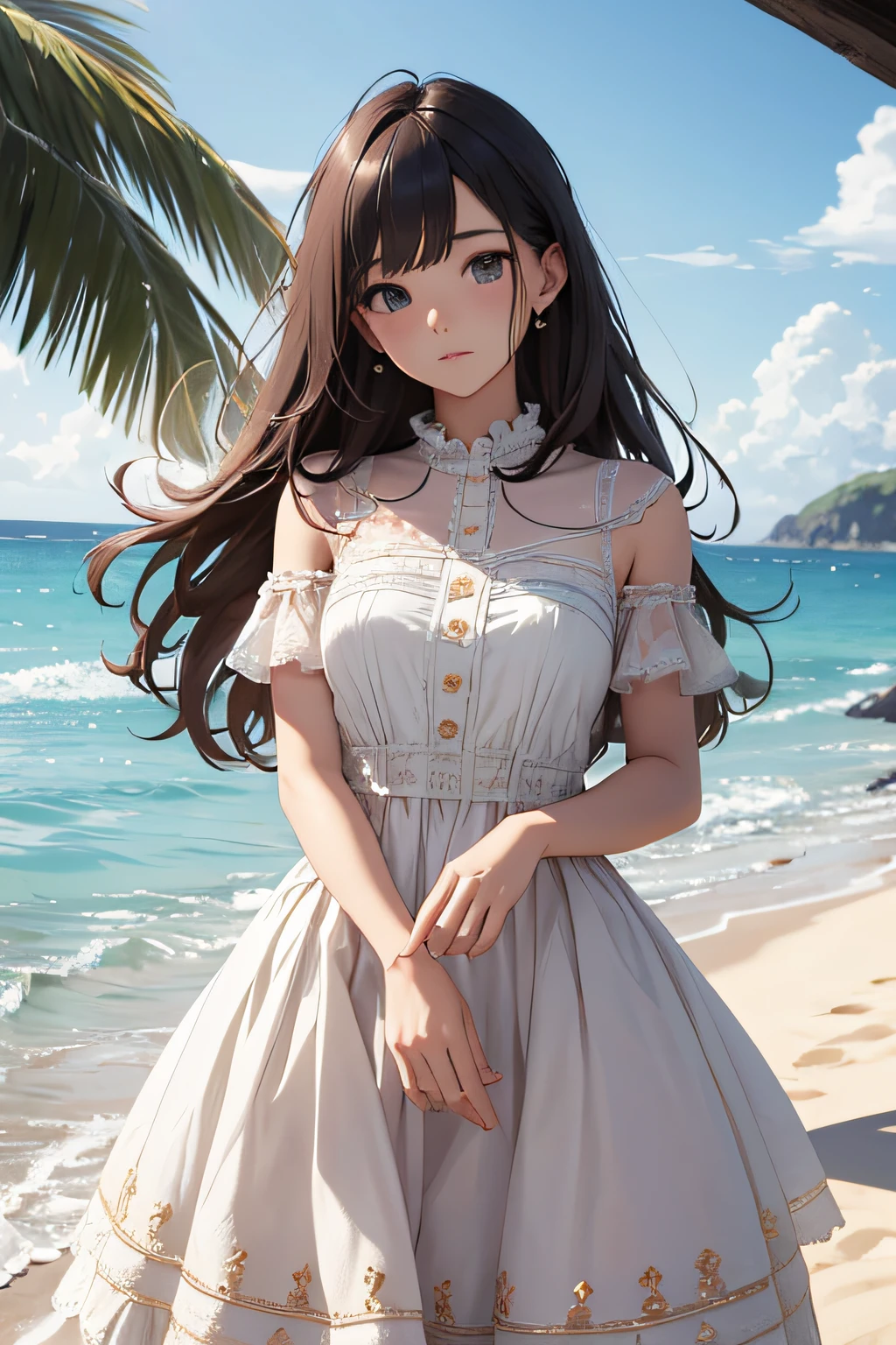 masterpiece、Background with((sea side、sand beach))、30-years old、a beauty girl、deadpan、Highly detailed embroidery on the dress、skirt by the、