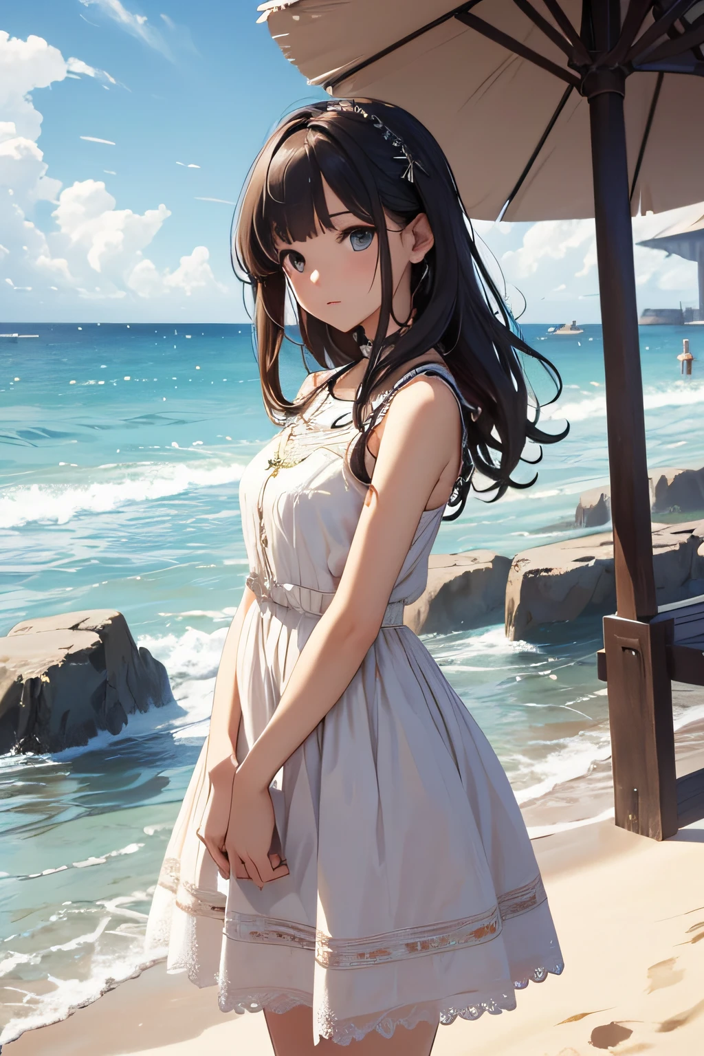 ​masterpiece、Background with（（sea side、sand beach））、30-years old、a beauty girl、deadpan、Highly detailed embroidery on the dress、skirt by the、