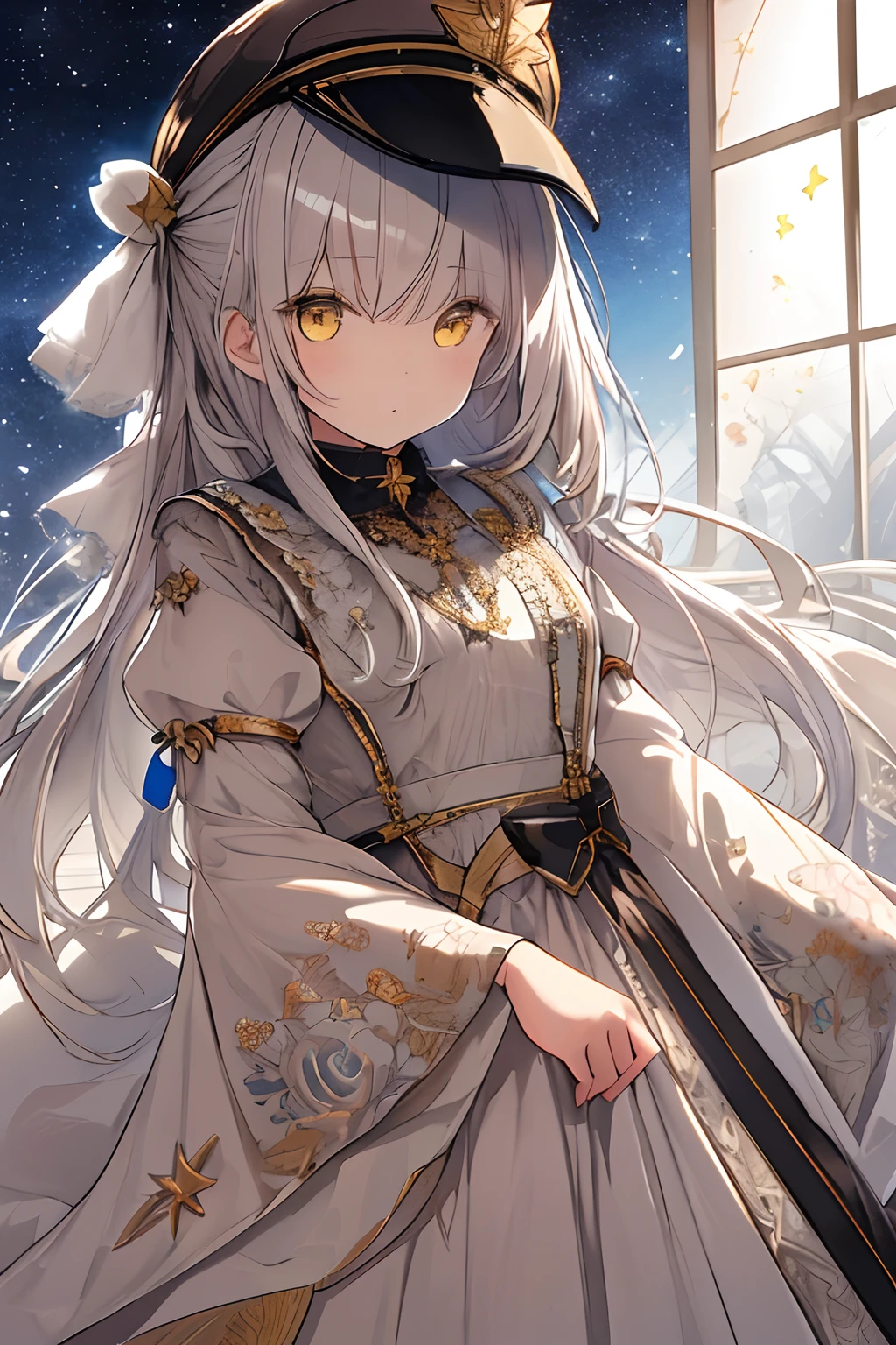 (Best Quality)),((masutepiece)),((Ultra-detailed)),(Illustration),(Detailed light),(extremely delicate and beautiful),(8K、1girl in、Lori)、Silvery hair、Yellow eyes、Dresses based on brown、Dresses with the image of stars、Dresses that are easy to move in、(Brown dress)Background Simple、The upper part of the body、Delicate eyes、Star Eyes、Stars in the eyes、Viewer's Perspective、Long、Adventure hat、Pilot's Cap、