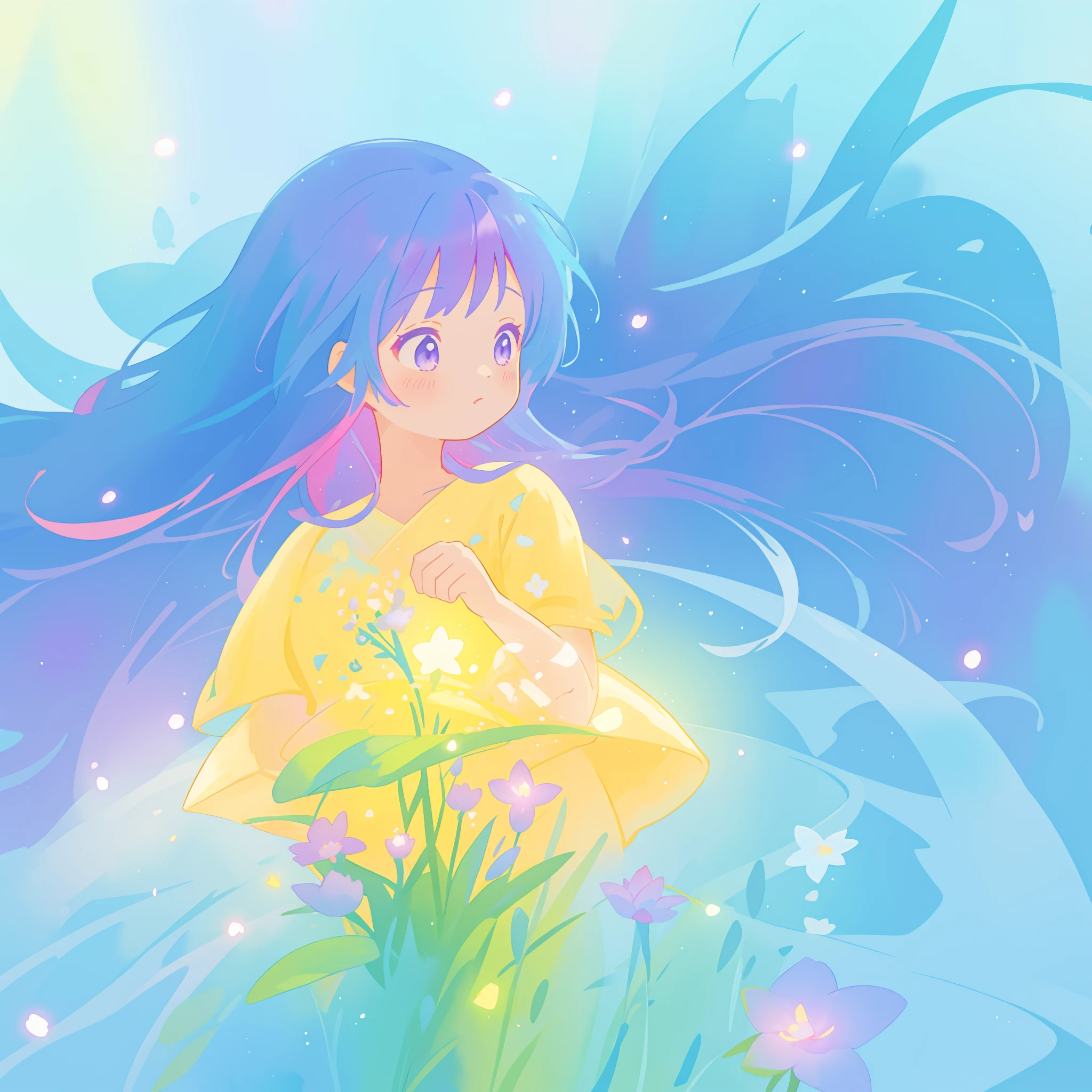 beautiful girl in yellow minut gradient flowing dress, long flowing blue purple pink hair, colorful fantasia background, watercolor illustration, disney art style, glowing aura around her, glowing lights, beautiful digital illustration, fantasia otherworldly landscape plants flowers, beautiful, masterpiece, best quality, anime disney style
