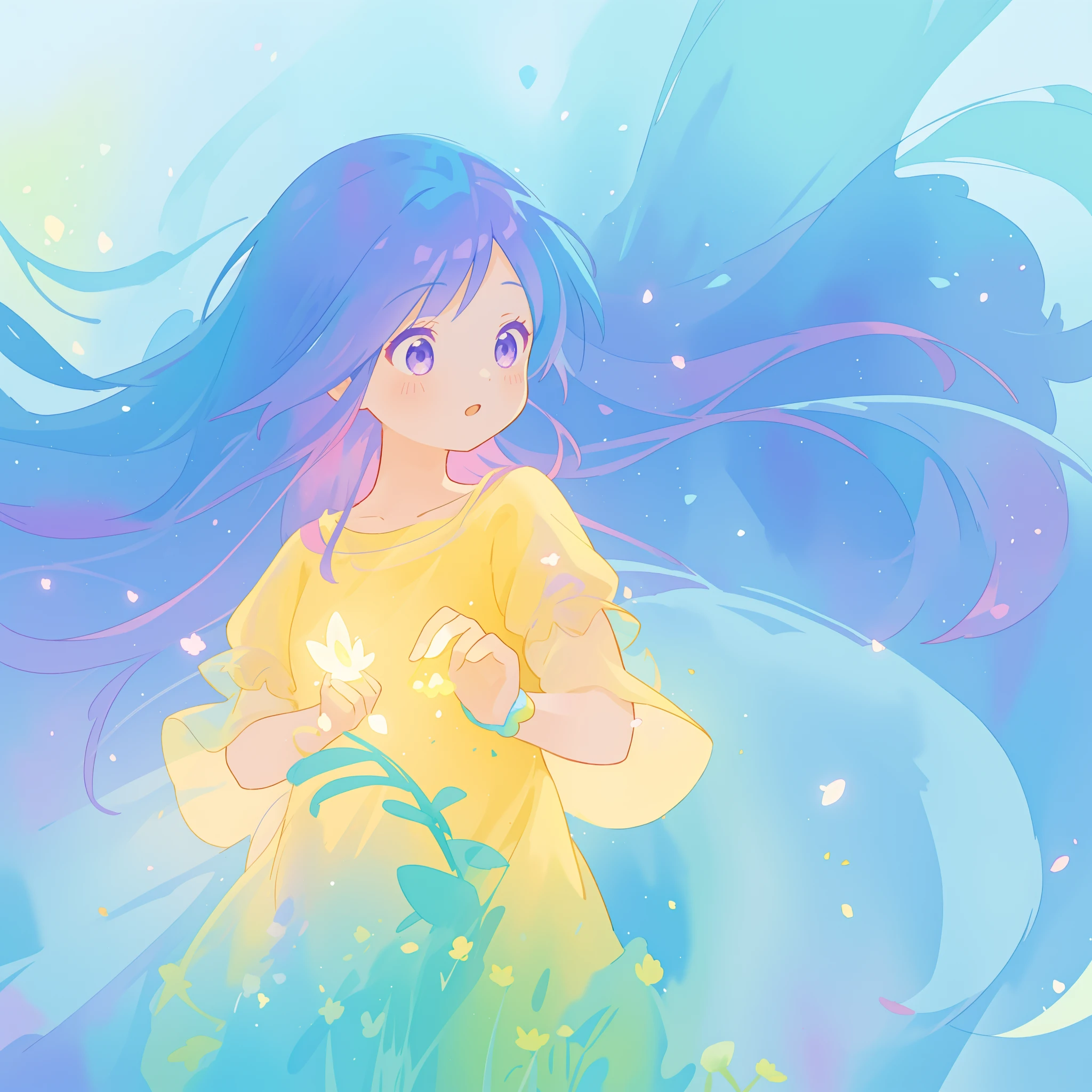 beautiful girl in yellow minut gradient flowing dress, long flowing blue purple pink hair, colorful fantasia background, watercolor illustration, disney art style, glowing aura around her, glowing lights, beautiful digital illustration, fantasia otherworldly landscape plants flowers, beautiful, masterpiece, best quality, anime disney style