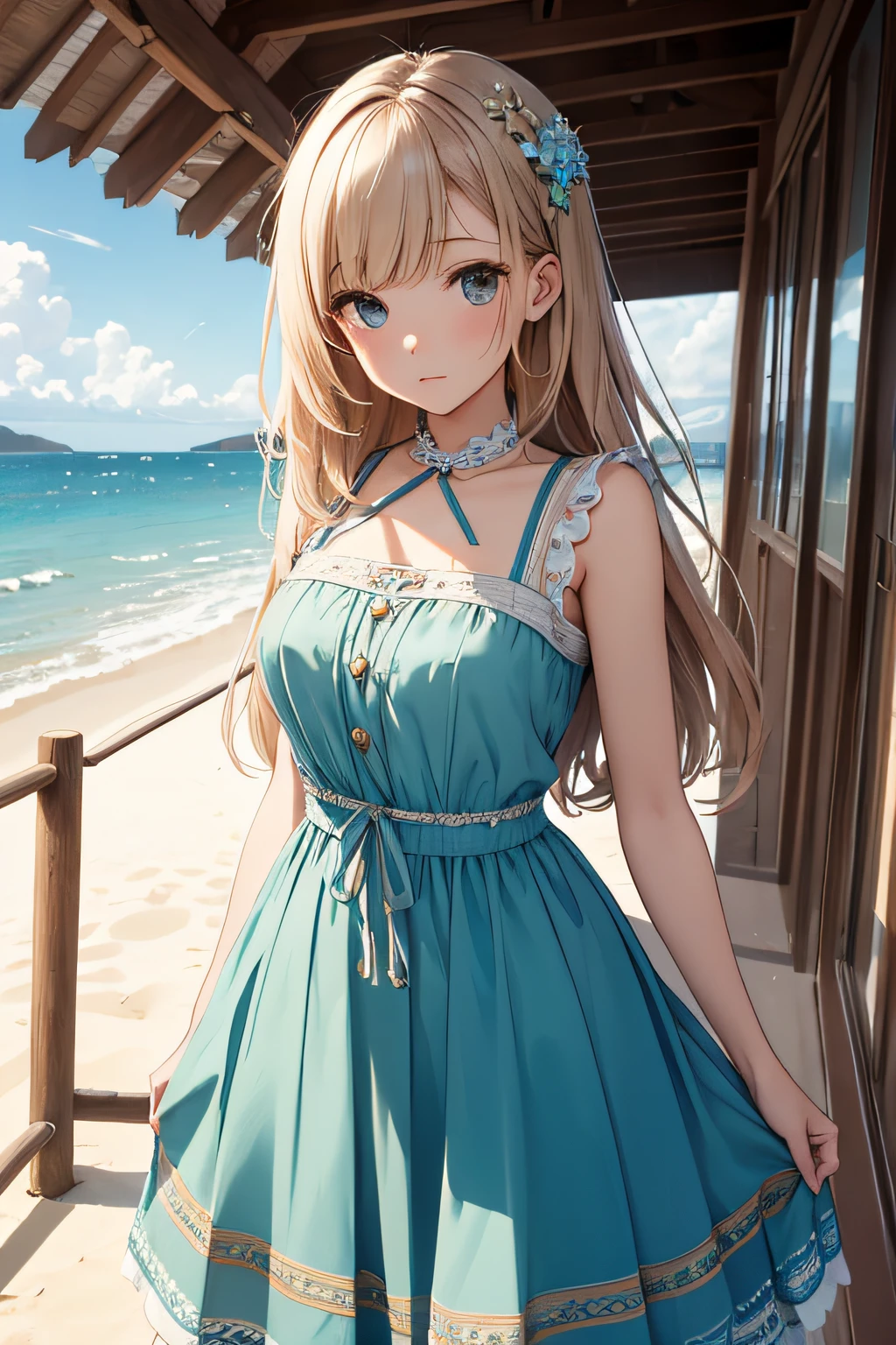 ​masterpiece、Background with（（sea side、sand beach））、30-years old、a beauty girl、deadpan、Highly detailed embroidery on the dress、skirt by the、