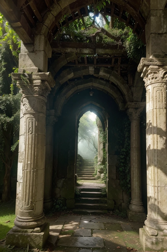 best quality,4k,8k,highres,masterpiece:1.2,ultra-detailed,photorealistic,HDR,UHD,stunning,aesthetically pleasing,ancient Greek ruins,weathered marble columns,overgrown with ivy and moss,ethereal lighting,misty atmosphere,whispering trees,soft rays of sunlight filtering through the dense foliage,solitude and tranquility,ancient secrets,whisper of the wind,sounds of nature,hidden pathways leading to unknown destinations,enchanted bygone era,dappled shadows,serene and peaceful ambiance,echoes of history,ancient myths and legends,crumbling architecture,carvings and inscriptions telling stories of the past,beams of light illuminating the sacred space,altar adorned with age-old offerings,ancient spirits lingering in the air,enchanted forest spirits guarding the temple,shadows dancing in the twilight,gentle rustling of leaves,faint echoes of prayers and chants,enchanted flora and fauna,mystical energy pulsating through the surroundings,melancholic beauty,veil of mystery shrouding the sanctuary,vibrant greens and earthy tones,ancient artifacts buried in the forest floor,portal to another world.