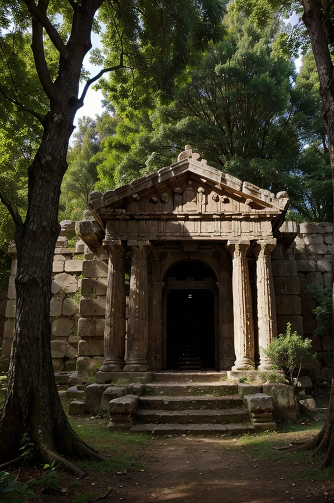 old greek temple located deep in the forest , magical environment , mysterious,