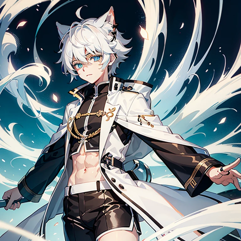 Ultra detailed, Best quality, finedetail, Anime boy, neko, The male, White hair, , eyes blue, Blue pupils, Extremely detailed eyes, White color blouse, Black shorts,, The male,Abs