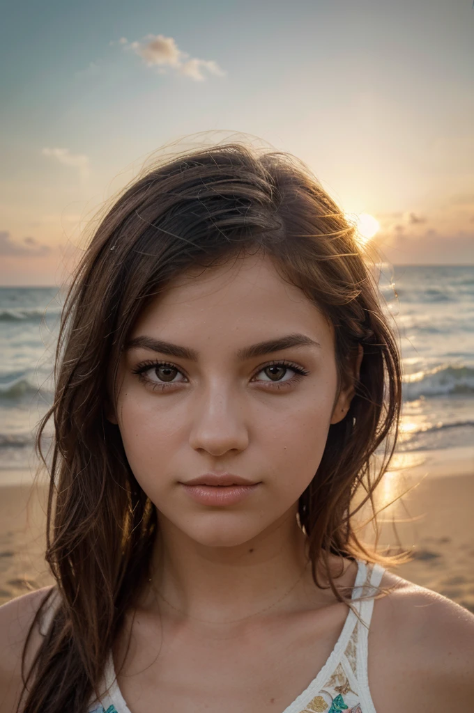 A girl watching the sunset over the beach in Madrid, Spain. The artwork is created using a combination of digital illustration and photography techniques. The girl's eyes are beautifully detailed, with long eyelashes, reflecting the warm colors of the sunset. Her lips are also beautifully detailed, adding depth and realism to her face. The image is of the highest quality, with vivid colors and ultra-detailed elements, making it a true masterpiece. The overall style of the artwork is a blend of portraiture and landscape, capturing the beauty of the beach and the serenity of the sunset. The color palette is warm and vibrant, highlighting the golden hues of the setting sun. The lighting is soft and gentle, casting a warm glow on the scene.