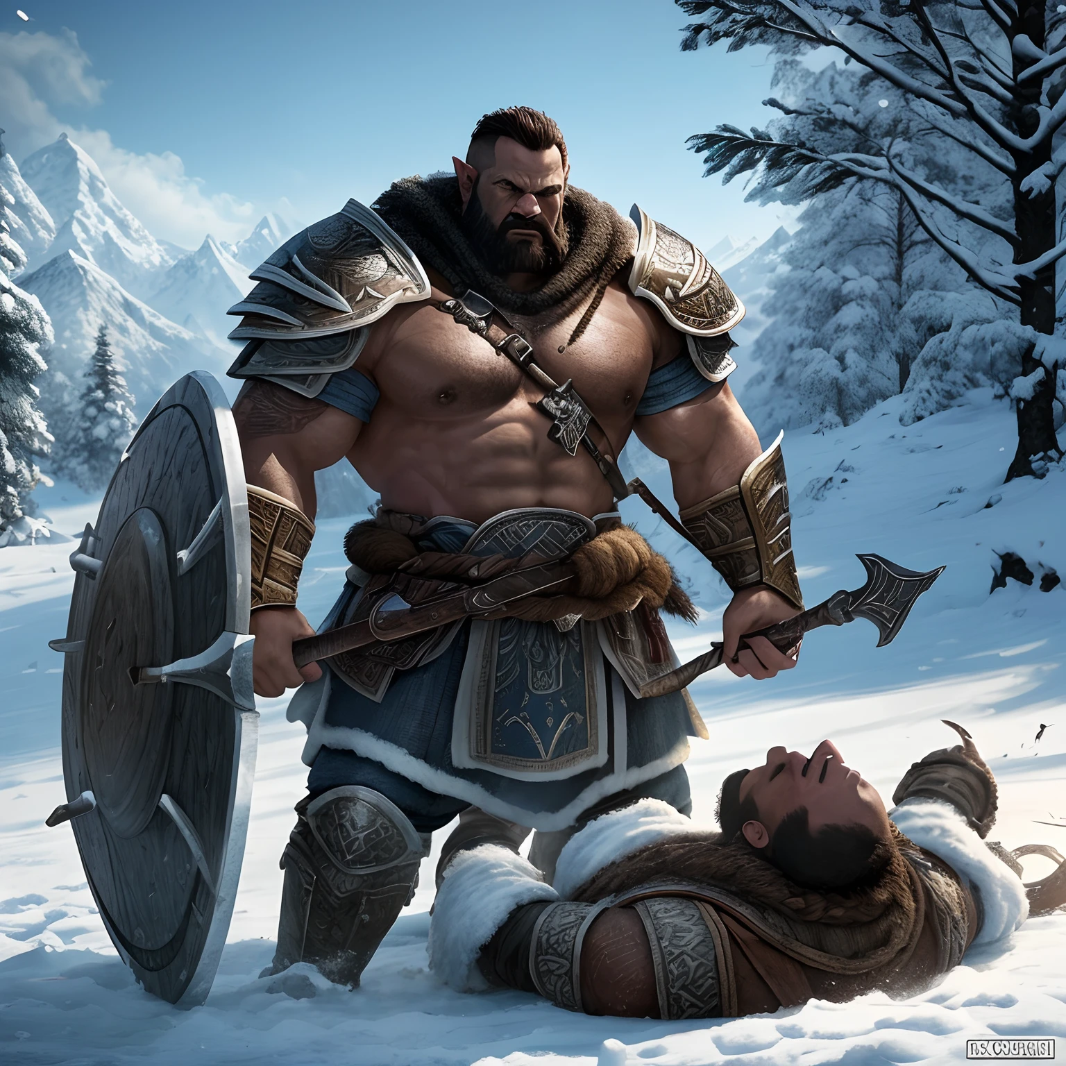 Obra prima melhor qualidade, um orc macho guerreiro, loiro, pele branca, olhos azuis, usando capa de couro, On a beautiful winter's morning, intrincado extremamente detalhado, 8k, ultra realista