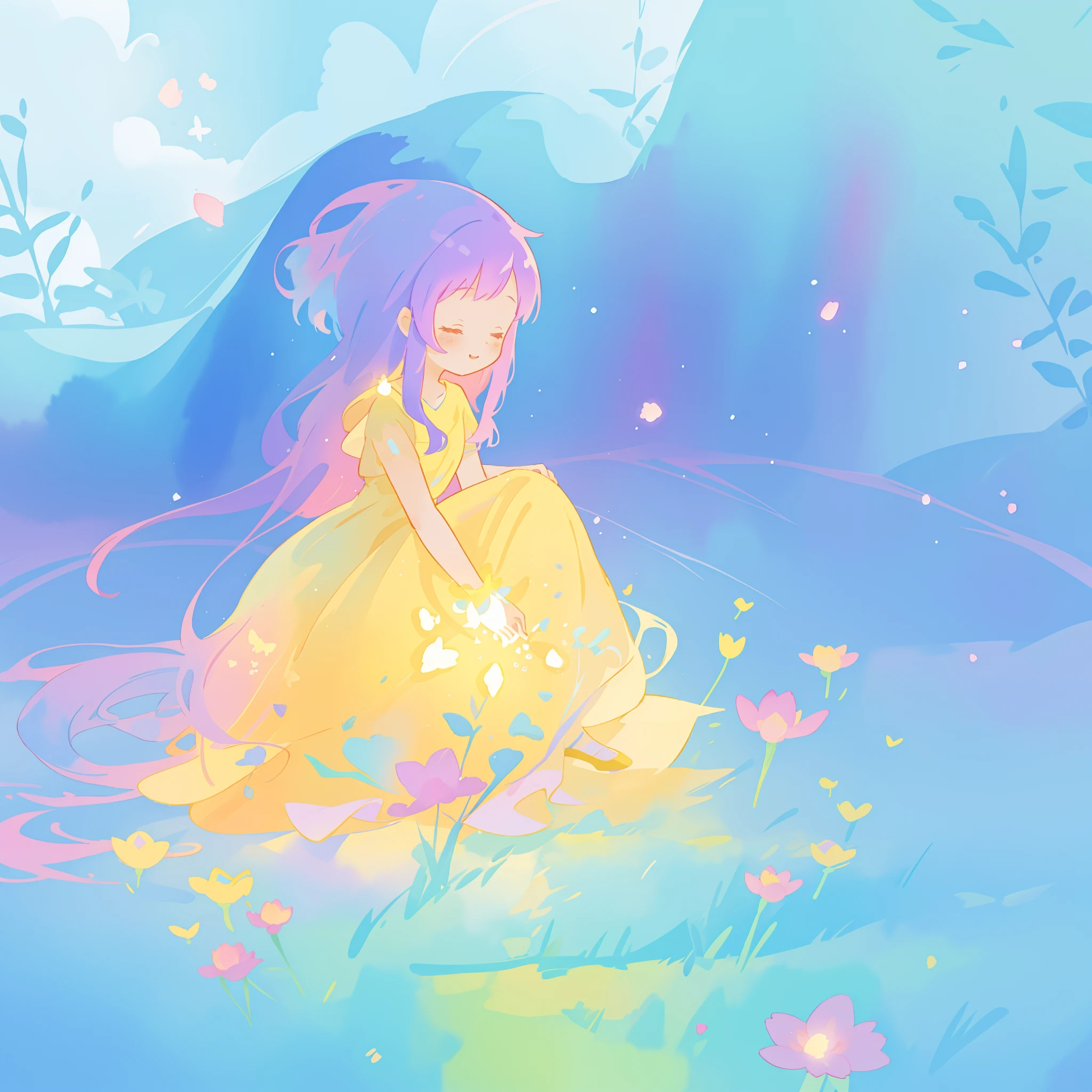 beautiful girl in yellow minut gradient flowing dress, long flowing blue purple pink hair, colorful fantasia background, watercolor illustration, disney art style, glowing aura around her, glowing lights, beautiful digital illustration, fantasia otherworldly landscape plants flowers, beautiful, masterpiece, best quality, anime disney style
