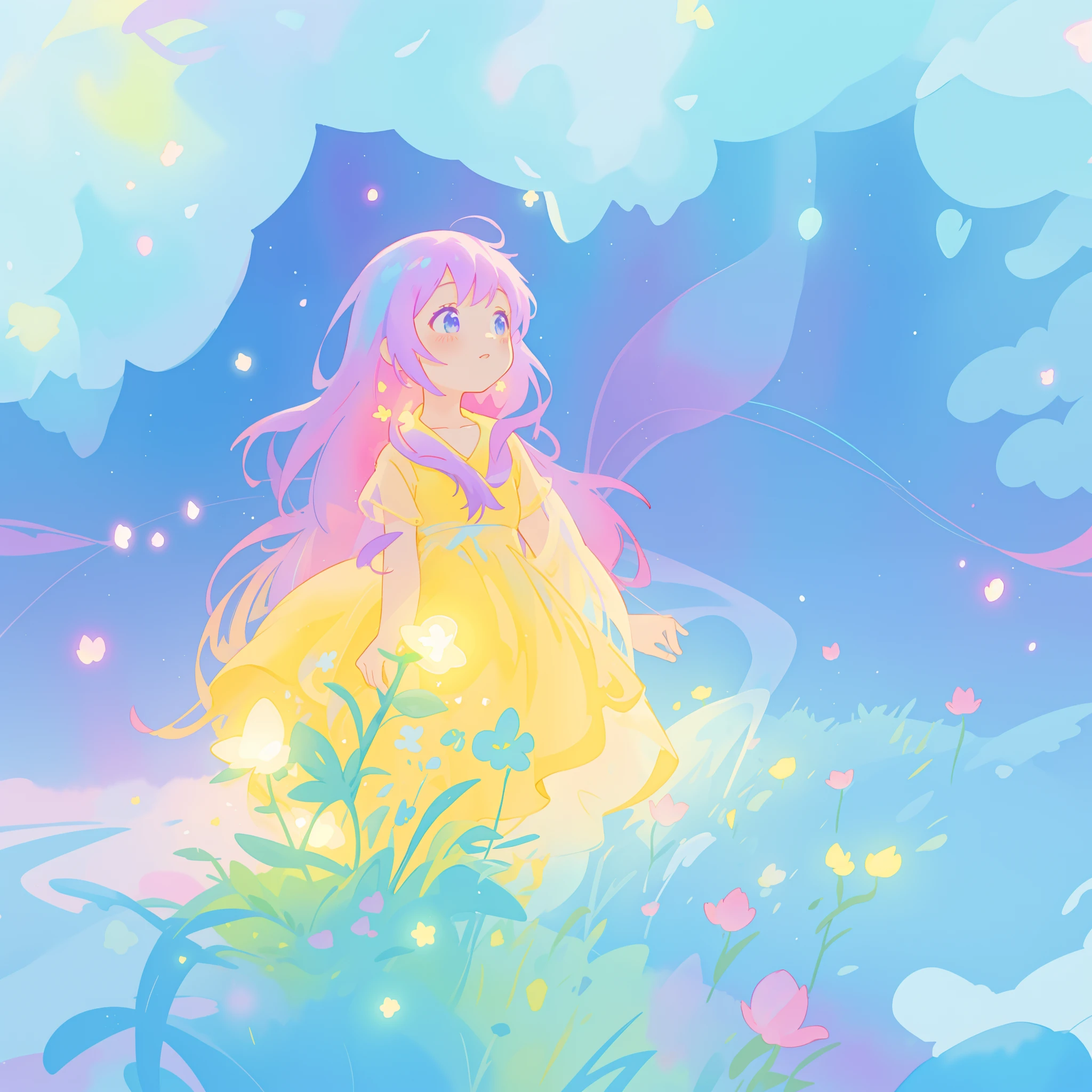 beautiful girl in yellow minut gradient flowing dress, long flowing blue purple pink hair, colorful fantasia background, watercolor illustration, disney art style, glowing aura around her, glowing lights, beautiful digital illustration, fantasia otherworldly landscape plants flowers, beautiful, masterpiece, best quality, anime disney style