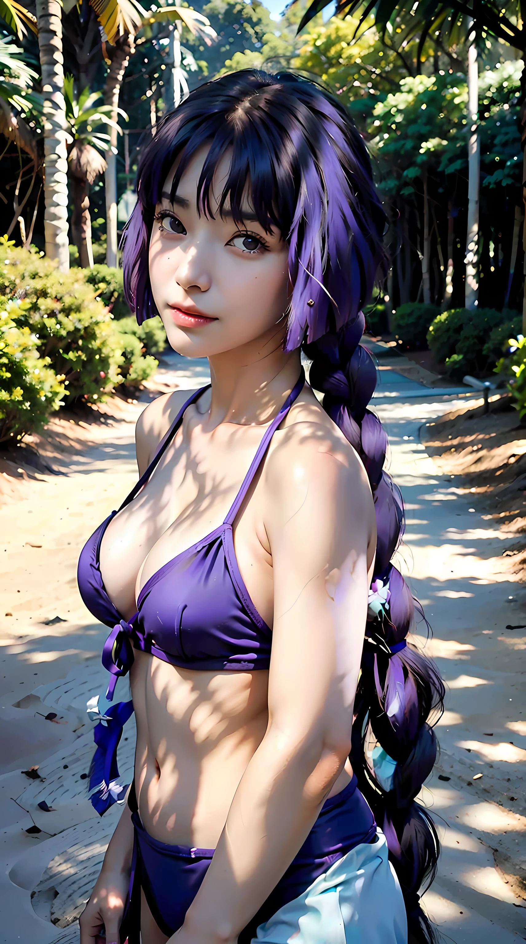 sumire kakei, single braid, purple hair,r, beautiful, beautiful woman, perfect body, perfect breasts, wearing a beach bikini, black bikini, beach, coconut trees, looking at the viewer, a slight smile, realism, masterpiece, textured skin, super detailed, high detail, high quality, best quality, 1080p, 16k