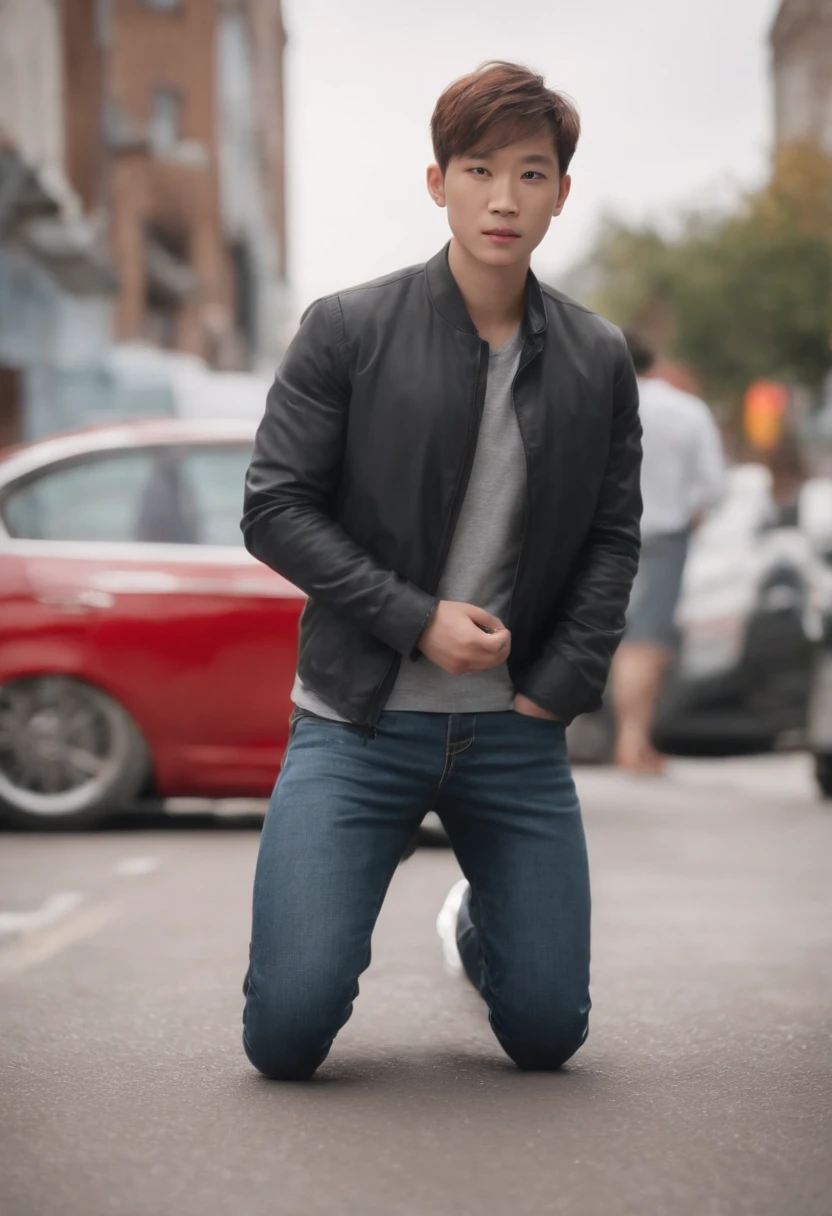 Young man kneeling on a red box in front of a white car, Akihiko Yoshida. unreal stuff, promo art, realistic 3 d anime style, promo render, official render, guweiz style artwork, makoto shinkai. octane render, ross tran style, akira cgi film stills, ross tran style