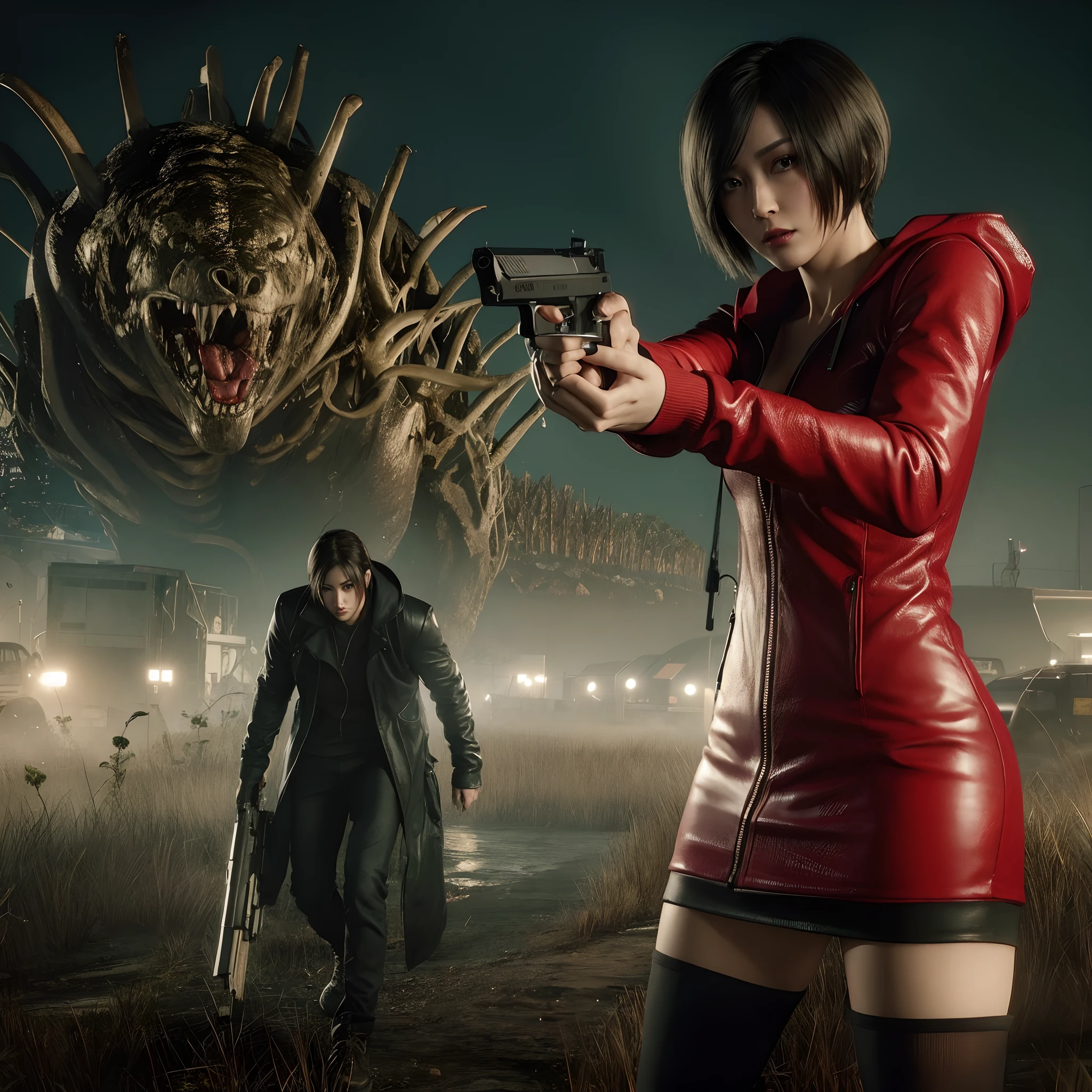 Ada wong, beautiful face, bob hair, perfect Face, wearing mini red rose dress hoody, black nail polish, glare expression, holding a gun