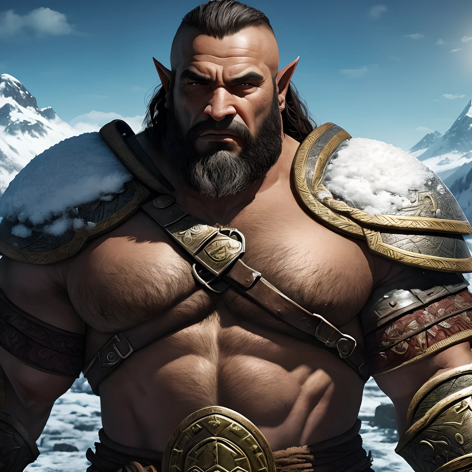 Obra prima melhor qualidade, um orc macho guerreiro, loiro, pele branca, olhos azuis, usando capa de couro, On a beautiful winter's morning, intrincado extremamente detalhado, 8k, ultra realista