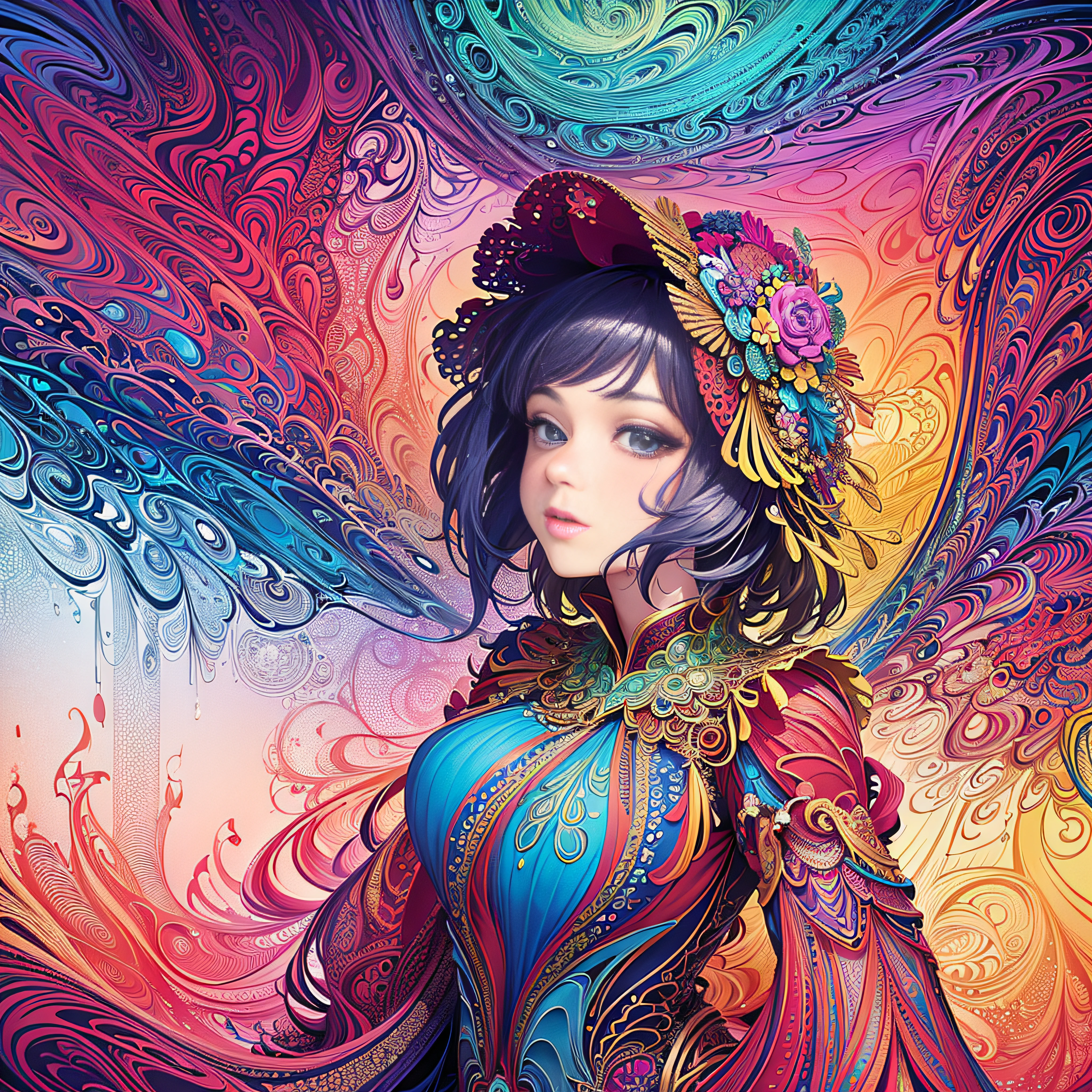 (masterpiece, top quality, best quality, official art, beautiful and aesthetic:1.2), (1girl:1.3), extremely detailed,(fractal art:1.2),colorful,highest detailed,(zentangle:1.2), (dynamic pose), (abstract background:1.5), (treditional dress:1.2), (shiny skin), (many colors:1.4), upper body