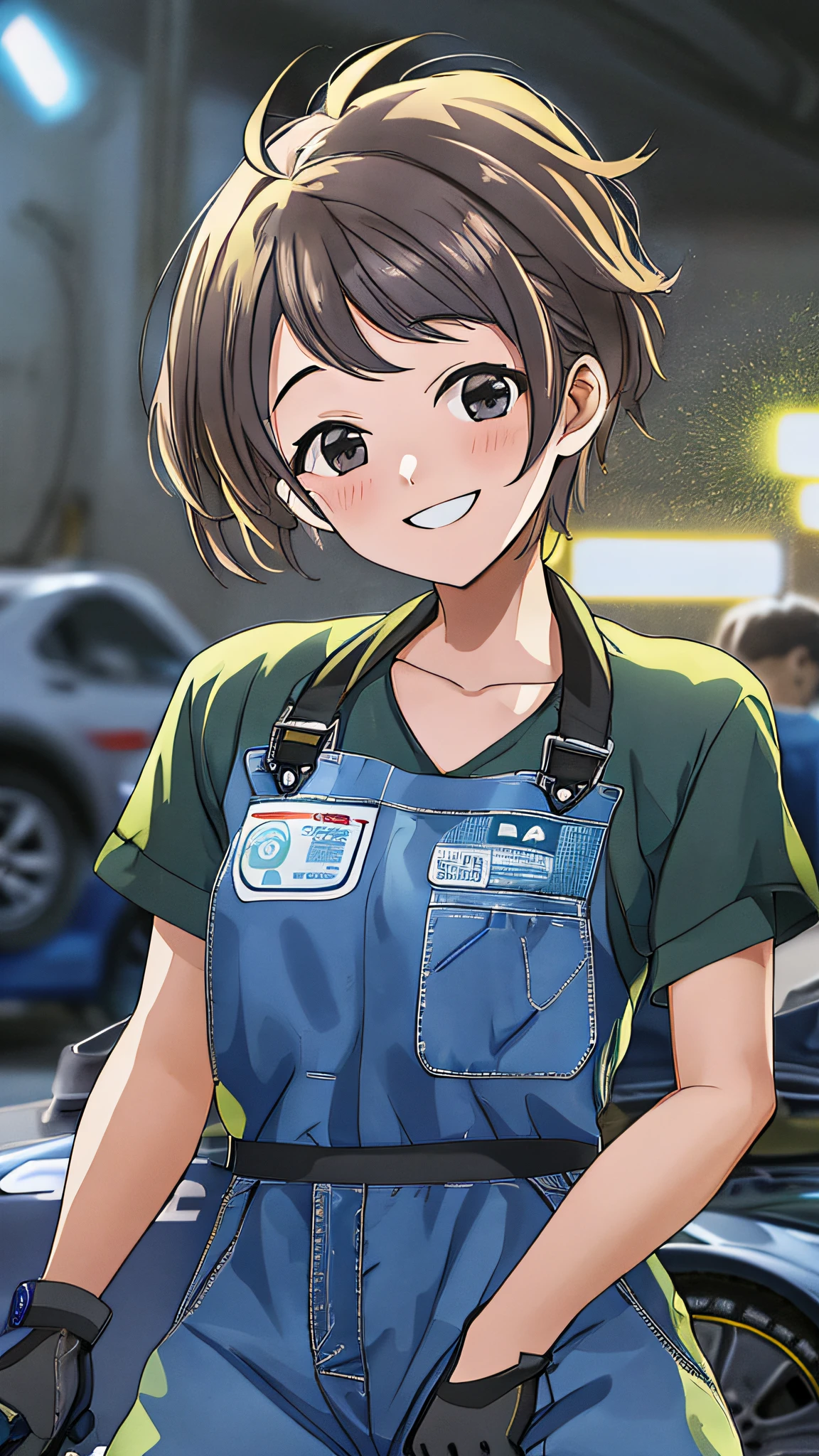 20-year-old woman working in a car repair shop、a smile、Coveralls、short-hair、sports car on the background、Backlight illumination