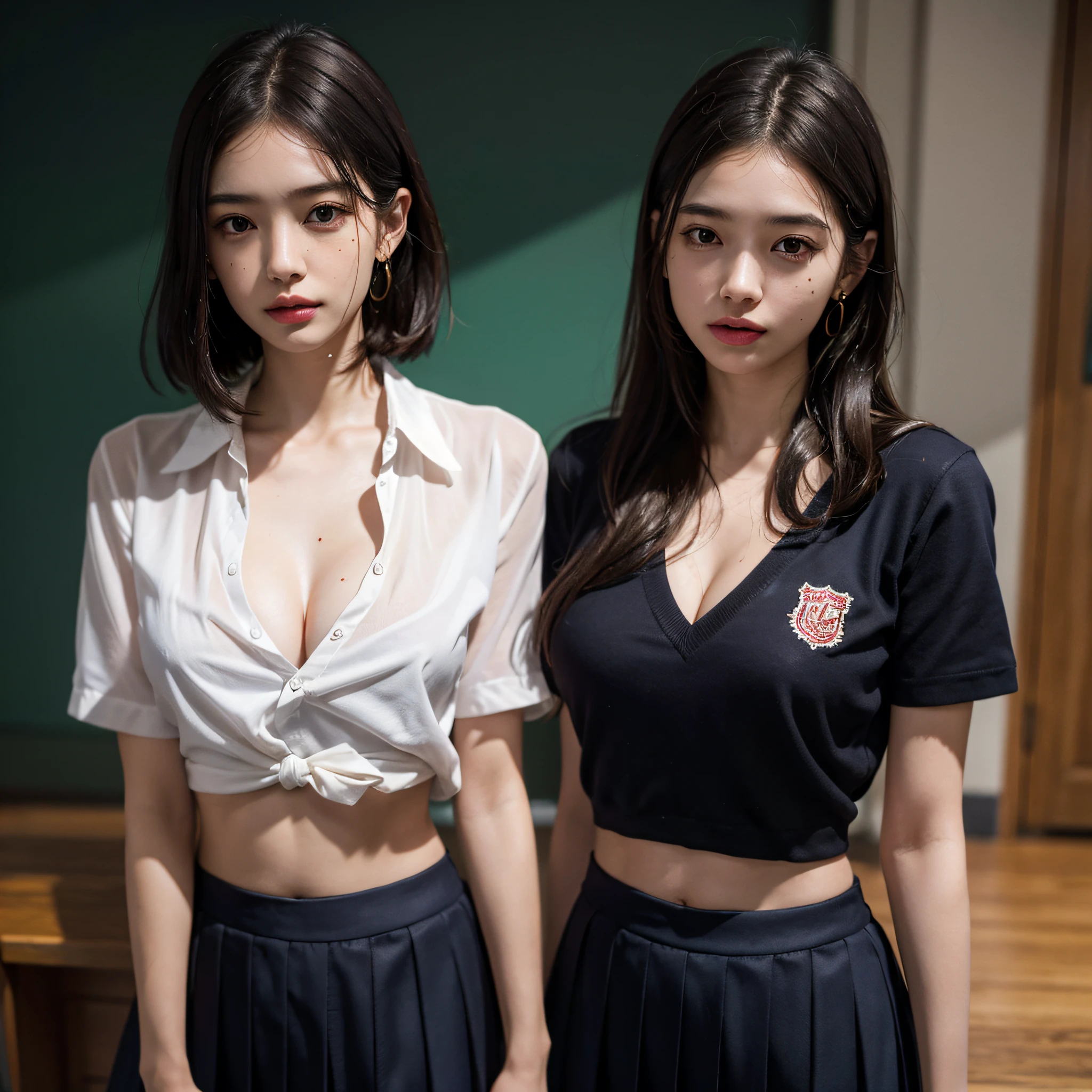absurdres, RAW photo, extremely delicate and beautiful, masterpiece, Best Quality, ultra high resolution, 16k, hyperrealistic, ultra-detailed, perfect anatomy, super Detailed skin, perfect figure, Very detailed CG 8k wallpaper, in her 20s, very Slim body, narrow waist, very small head, very small face, delicate facial features, tearful mole, mole on chest, earring, thin legs, (very huge round breasts), cleavage, midriff, (full body shot), 2 girls, bronze hair, short hair, dress shirt, ((school uniform)),