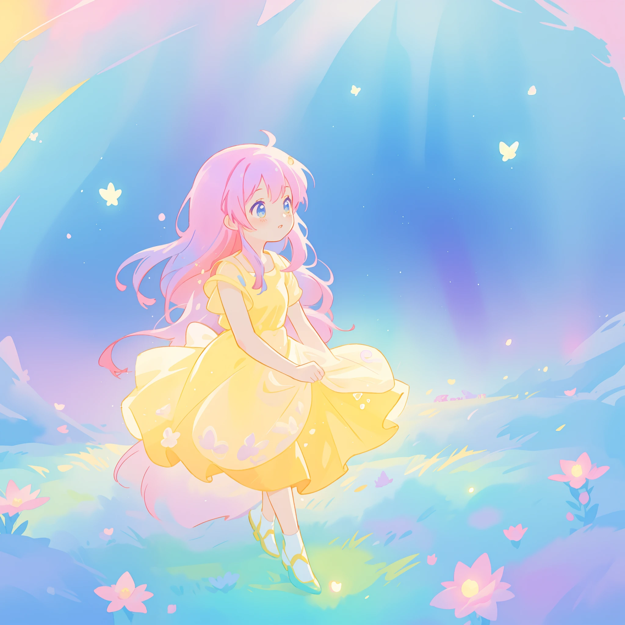 beautiful girl in yellow minut gradient flowing dress, long flowing blue purple pink hair, colorful fantasia background, watercolor illustration, disney art style, glowing aura around her, glowing lights, beautiful digital illustration, fantasia otherworldly landscape plants flowers, beautiful, masterpiece, best quality, anime disney style