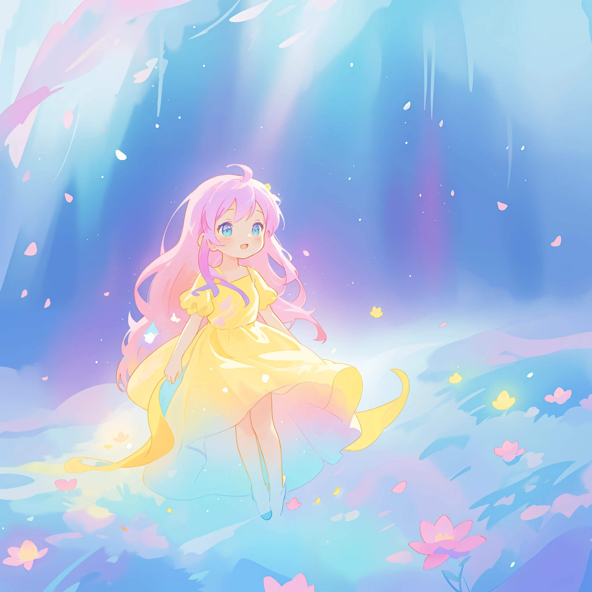 beautiful girl in yellow minut gradient flowing dress, long flowing blue purple pink hair, colorful fantasia background, watercolor illustration, disney art style, glowing aura around her, glowing lights, beautiful digital illustration, fantasia otherworldly landscape plants flowers, beautiful, masterpiece, best quality, anime disney style