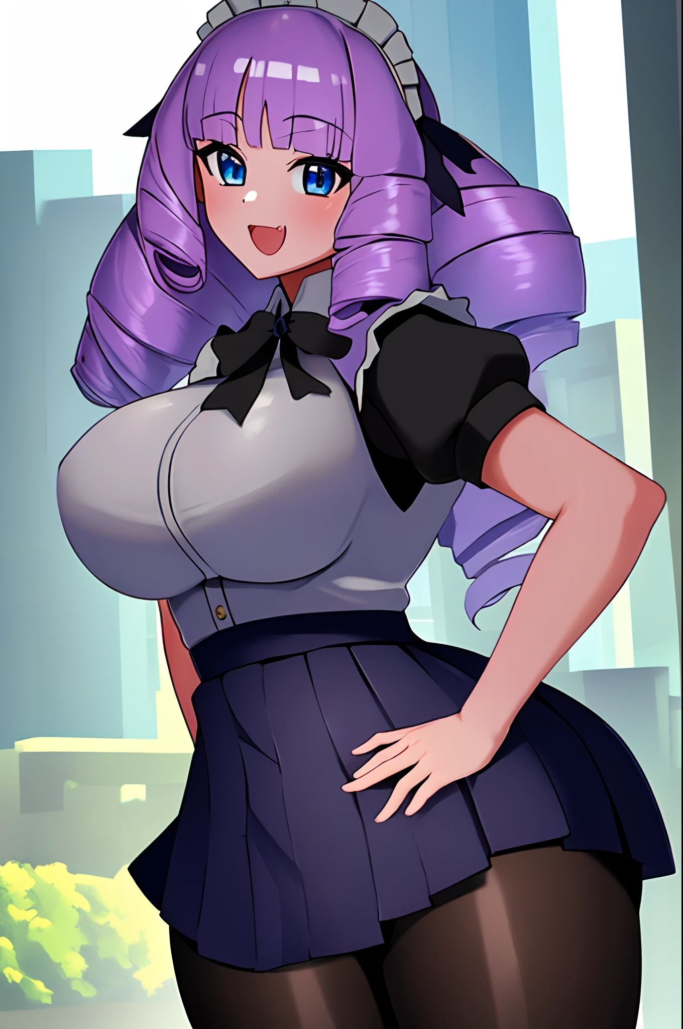 1girl, solo, Fujido Oriko, giantess, black pantyhose, blue eyes blue skirt, blunt bangs, breasts, cowboy shot, drill hair, fang, large breasts, long hair, looking at viewer, looking back, open mouth, pantyhose, pleated skirt, light purple hair, standing, giant among buildings, taller than a skyscraper, maid black top, maid black skirt,
sexy pose, (masterpiece), (high quality), (best quality), (detailed), hd, perfect lighting, detailed face, detailed body,