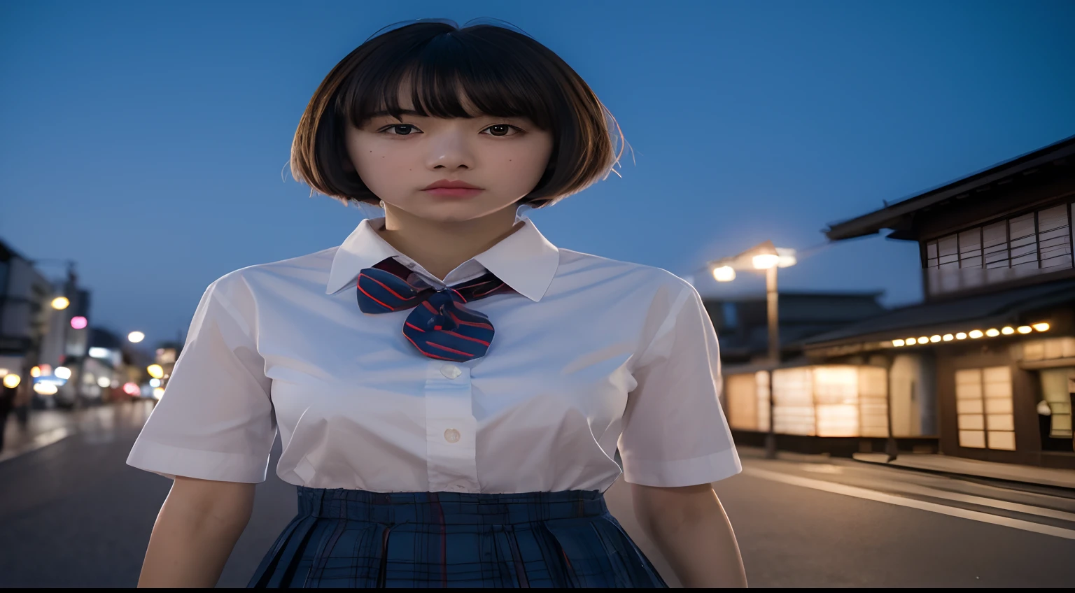 (8k, RAW photo, best quality, masterpiece:1.2), (realistic, photo-realistic:1.37), ultra-detailed, 1 girl,cute, solo,beautiful detailed sky,detailed tokyo street,night, medium breasts,beautiful detailed eyes,(collared shirt:1.1), bowtie,pleated skirt,(short hair:1.2),floating hair,short hai,