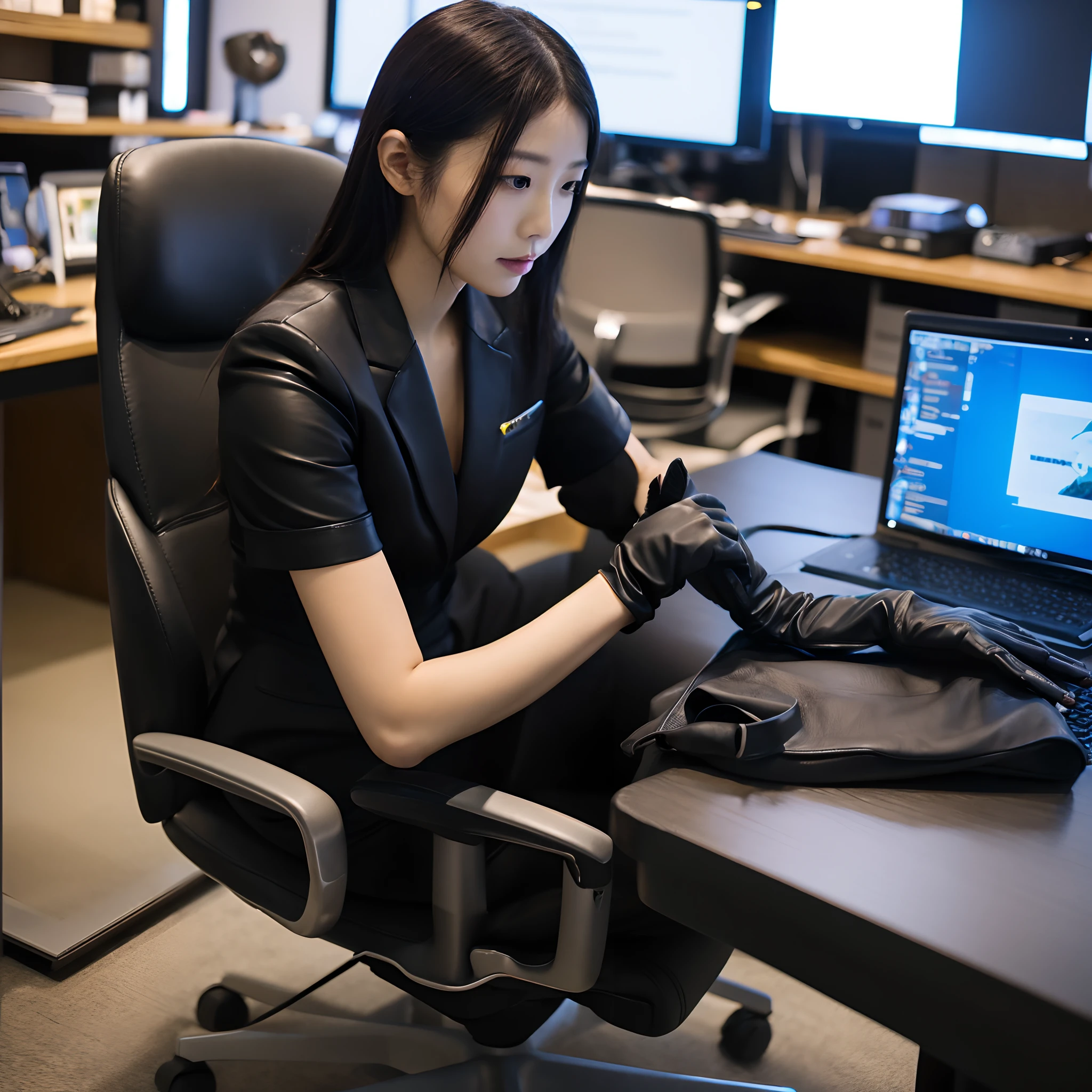 Wearing a black business pantsuit, Office in the Dark, facing a desk、While looking at the screen, tap the keys on the black laptop keyboard with the fingertips of the black leather gloves,Sitting on a large chair with a black leather backrest、 Black hair was tied back for a long time, Japan Female New Employees (Black leather gloves cover both hands) (The angle is frontal)、Black leather long boots