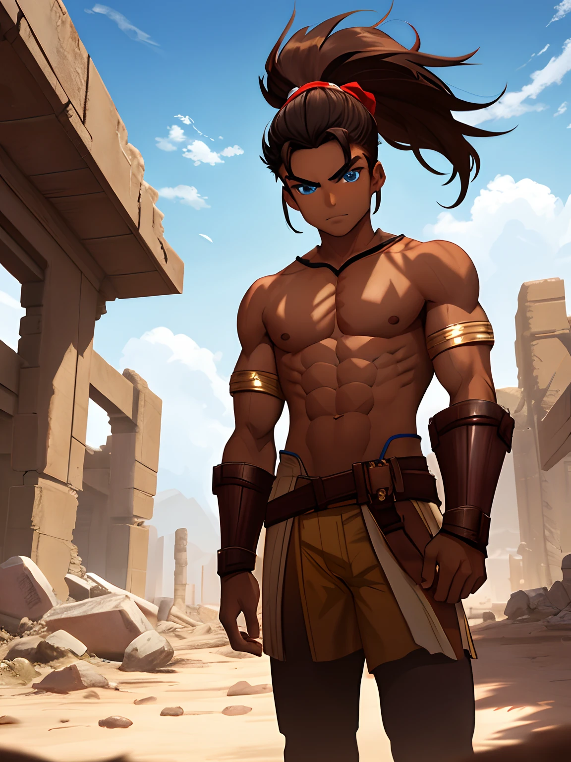 TANNED BOY. Conan Exiles style, standing in front, (((((front))))) Full body volumetric lighting, muscles highlighted by light, Front light, Young bodybuilder, clean-shaven, Warrior, has no chest hair (16 years old age) (Young face), Tanned skin (swarthy skin), muscular body (Good anatomy) 180 kg, Mexican facial features, dark brown hair, hair blown by the wind, Hair in a ponytail with bangs falling over the forehead and on Both Sides of Face, White Sclera, Blue Eyes (Detailed Eyes) Big Eyes, ((Blue Eyes)), Teen Face, prominent pecs and abs, noticeable biceps, Shirtless, topless, wears a tight string thong, crotch bulge, almost naked, beautiful face, young face, perfect face, Ruins of a Jedi temple in a rocky desert behind it, Sunny day, Few clouds in the sky.