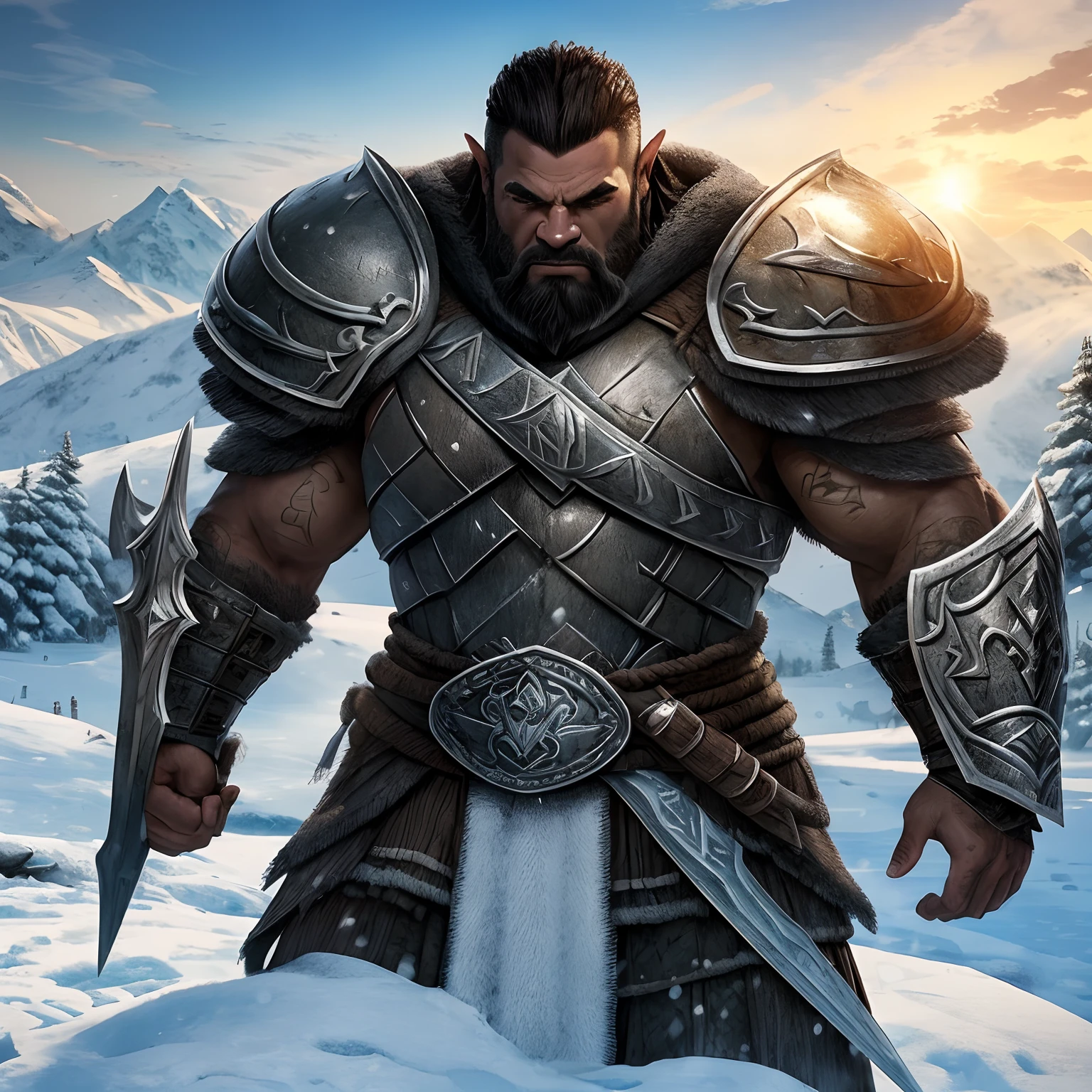 Obra prima melhor qualidade, um orc macho guerreiro, loiro, pele branca, olhos azuis, presas inferiores, usando capa de couro, On a beautiful winter's morning, intrincado extremamente detalhado, 8k, ultra realista